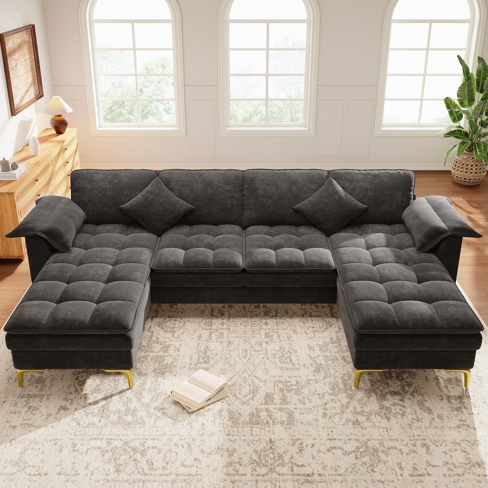 Sofá esquinero en forma de U, diseño modular de 4 plazas con efecto nube y cojín de espuma de doble capa, incluye 2 chaise longues, 2 cojines, patas de metal doradas, funda de chenilla, adecuado para