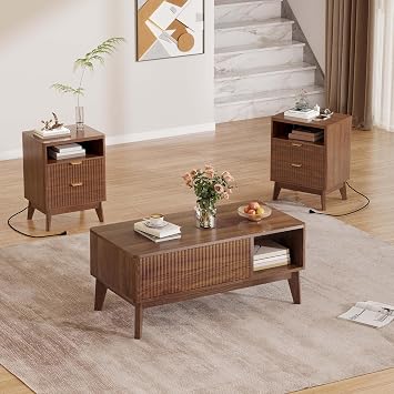 LYNCOHOME 3 Piece Living Room Table Set, Coffee Table & 2 End Tables,Walnut