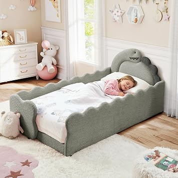 Antetek Twin Bed Frame for Kids with Rails & Cute Cartoon Dinosaur Headboard, Boucle Upholstered Comfy Platform Bed Frame for Girls Boys, Sofa Bed Low Profile Single Bed, No Box Spring Needed, Grey