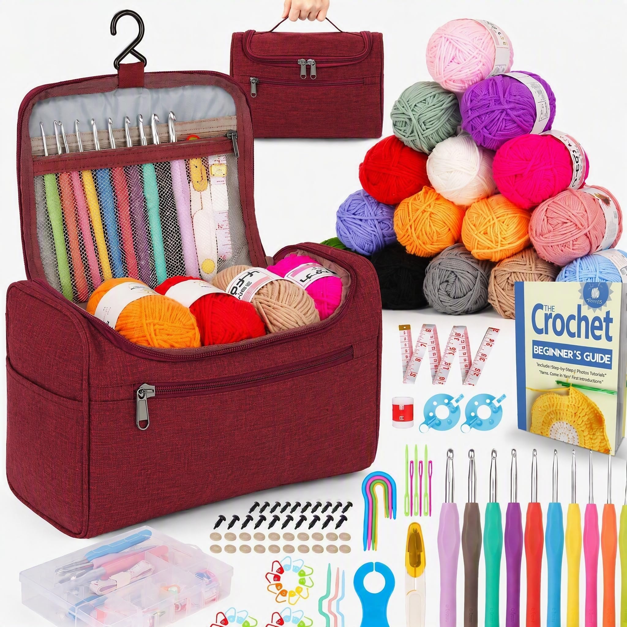 Reessy Crochet Kit, Crochet Kits for Beginners Adults Include Instructions 10 Size Crochet Hooks 15Pcs×25g Yarn Storage Bag and Crochet Accessories, Complete Beginners Crochet Set-Red