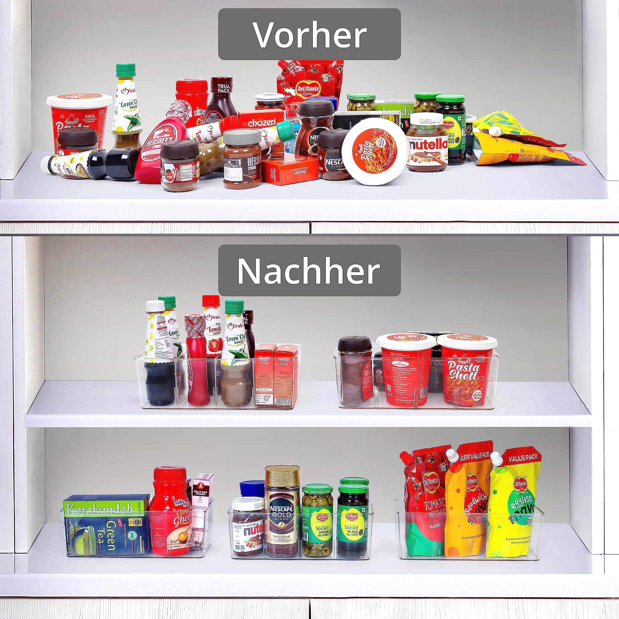Winter Shore Küchenschrank Organizer [5er-Pack] - Aufbewahrungsbox Küche für Snacks, Gewürze, Getränke - Durchsichtige Küchen Organizer Aufbewahrung mit 4 Fächern & Herausnehmbaren Trennwänden