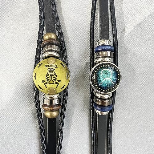 Miniatura 7 de 2 pulseras retro del zodiaco para hombres, 12 constelaciones, hechas a mano, pulseras de cuero trenzadas punk, cuero, vidrio, aleación, otro