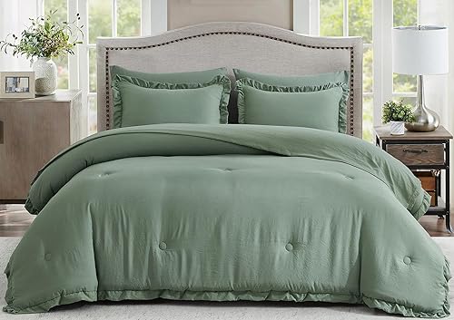 Miniatura 8 de Chezmoi Collection Eleanora - Juego de cama matrimonial en una bolsa, 7 piezas con borde con volantes, lavado a la piedra, edredón de microfibra de