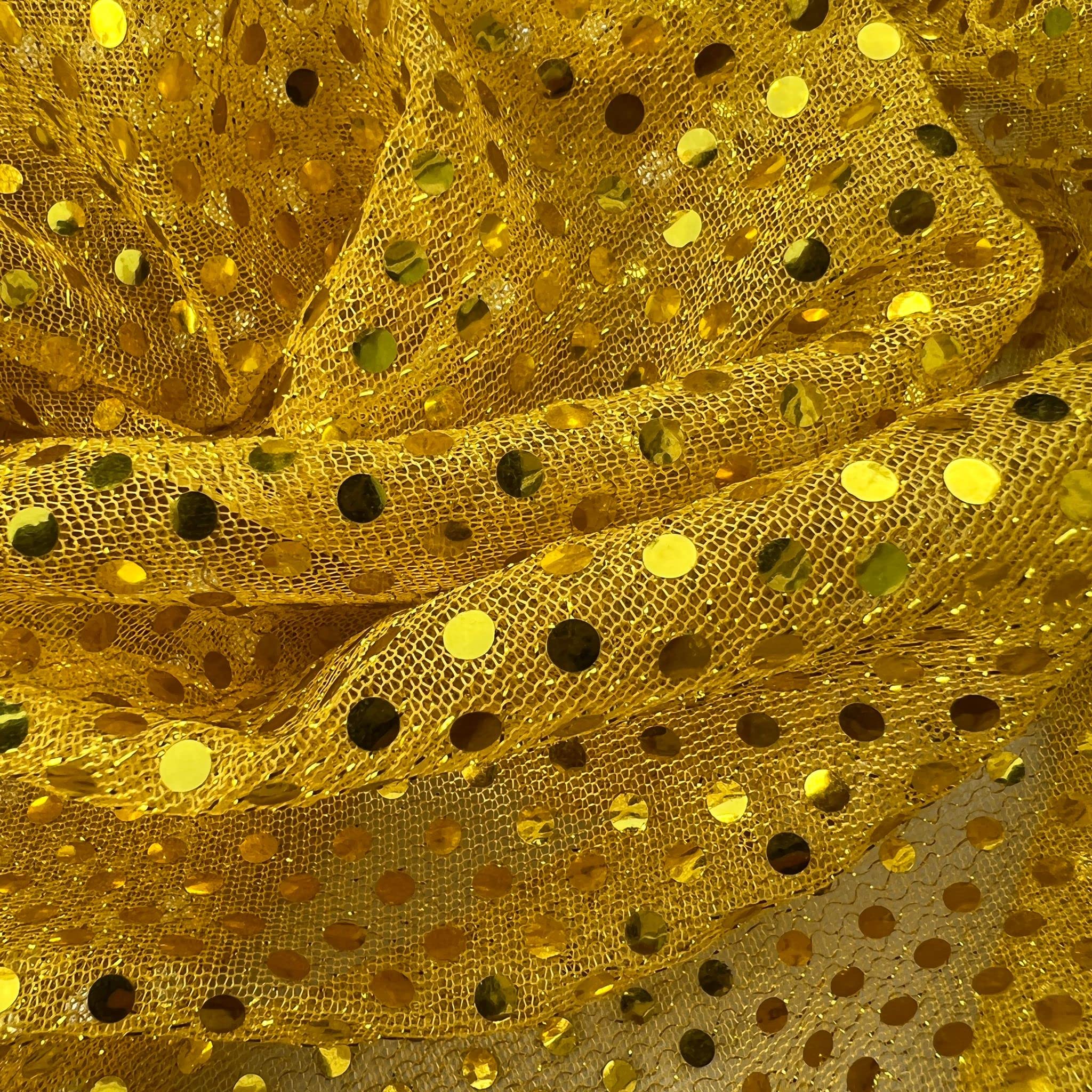 Discover Lifestyle & Fashion Fabrics Gold Knitted 3Mm Sequin Dot Sparkly Fancy Dress Dance Display Backdrop Home Decor Fabric Material | 45" - 112 Cm Wide | Sold Per Metre (Gold)