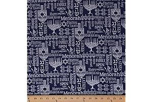 Cotton Happy Hanukkah Menorah Candles Star of David Jewish Hebrew Faith Navy...