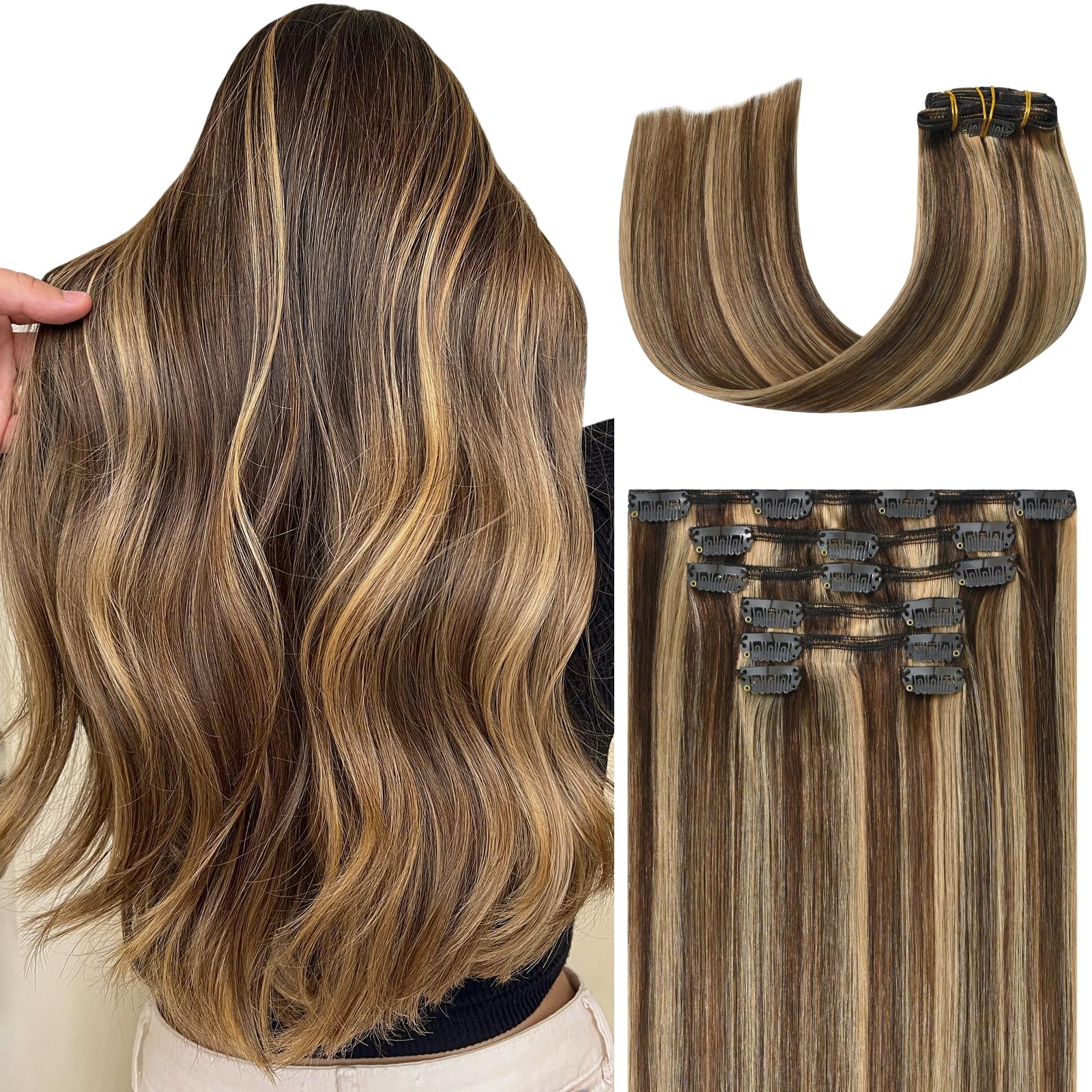 WindTouch Clip in Hair Extensions Human Hair, 15 Inch 75g #4 Medium Brown Hair Extensions for Women Real Human Hair Clip in, Remy Human Hair Extensions Clip ins, Soft Natural Straight — view 30