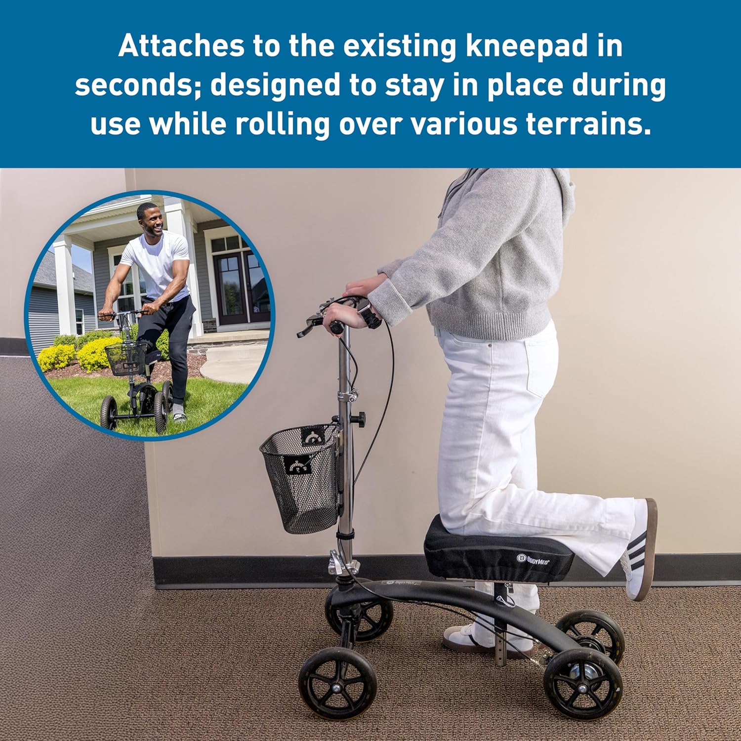 BodyMed Knee Walker Padded Gel Cover, Gel + Memory Foam Cushion, Elastic Fit Design, Low-Profile Comfort Pad, One Size Fits Most Knee Walkers