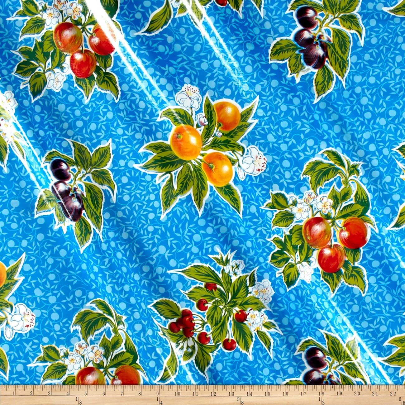 OilCloth International Blue Oilcloth Summer Fruit Fabric by The Yard