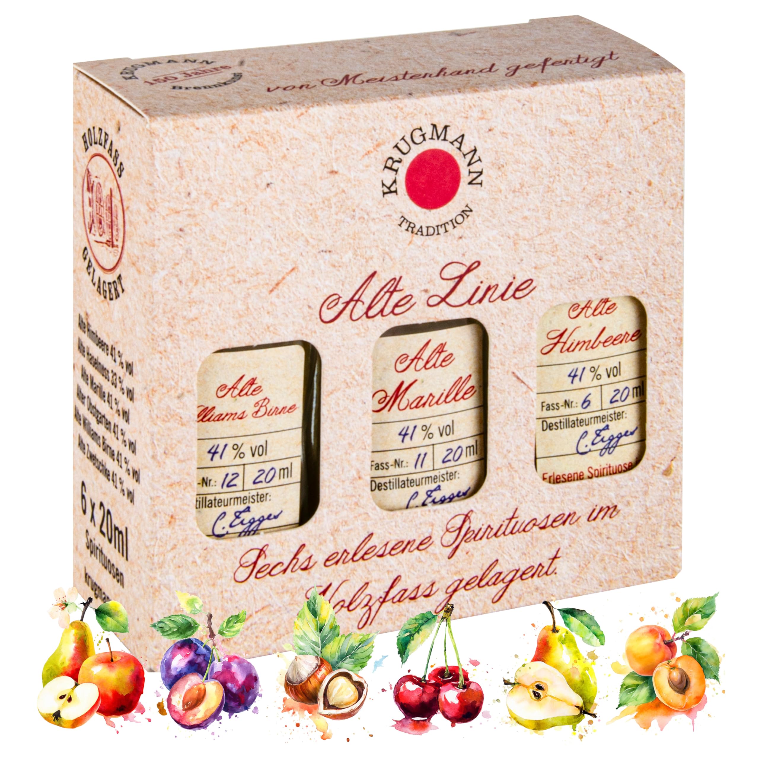 ALTE LINIE Mix – 6 exklusive Geschmacksrichtungen 6 x 0,02 l Obstbrand - Alte Himbeere, Alte Haselnuss, Alte Marille, Alter Obstgarten, Alte Birne, Alte Zwetschke