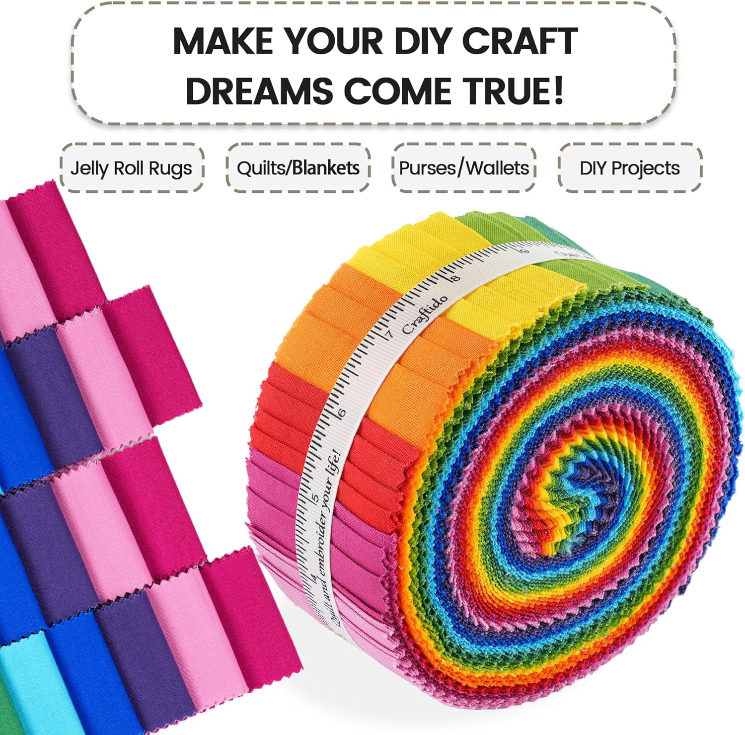 Craftido-18 Options-100% Cotton Jelly Roll Fabric Precut Strips for Quilting, Crafting, and Sewing, 40 Strips 2.5" x44" Assorted Bundles for Rug, Quilt Project, DIY Craft and Home Decor-RAINBOW COLORS