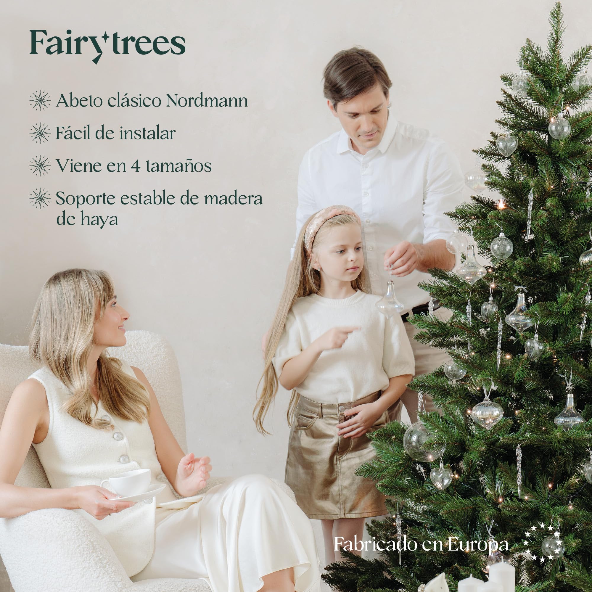 FairyTrees Árbol Artificial de Navidad Abeto Nordmann, Tronco Verde, Soporte de Madera, 180cm, FT14-180
