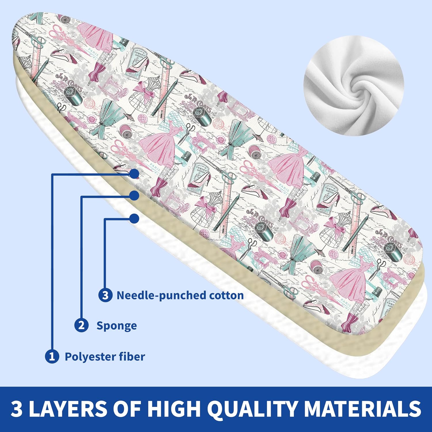 Ironing Board Cover and Pad,Thick Scorch Resistant Padding Pink Sewing Print Iron Boards Covers,Standard Size Easy-Fastening Magic Tape & Elastic Edges for Secure Fit