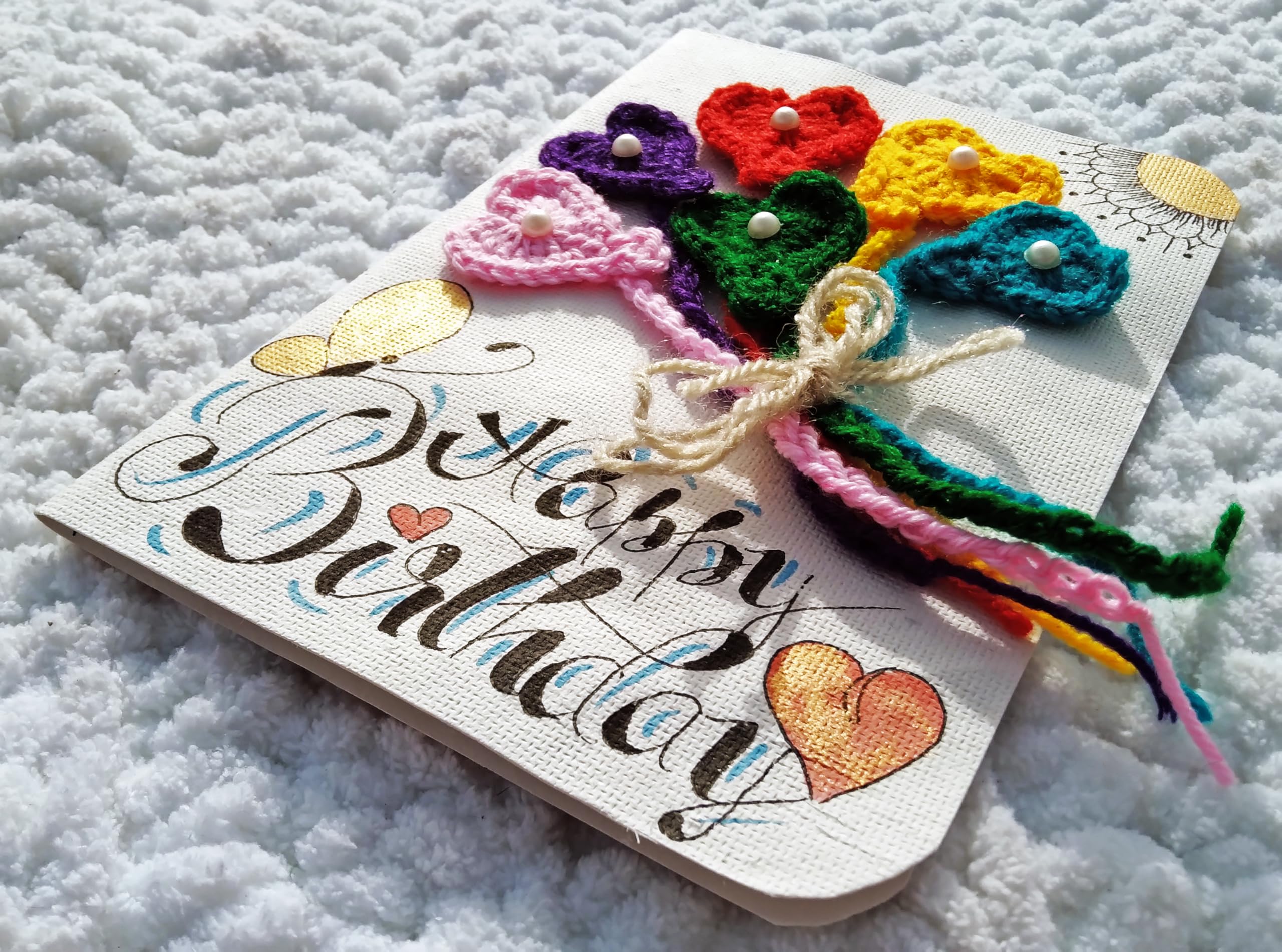SKAISTA® Handwritten Happy Birthday Greeting Card Handmade Paper 3D Crocheted Colorful Hearts Baloons HandLettered (Hearts Bouquet) 4