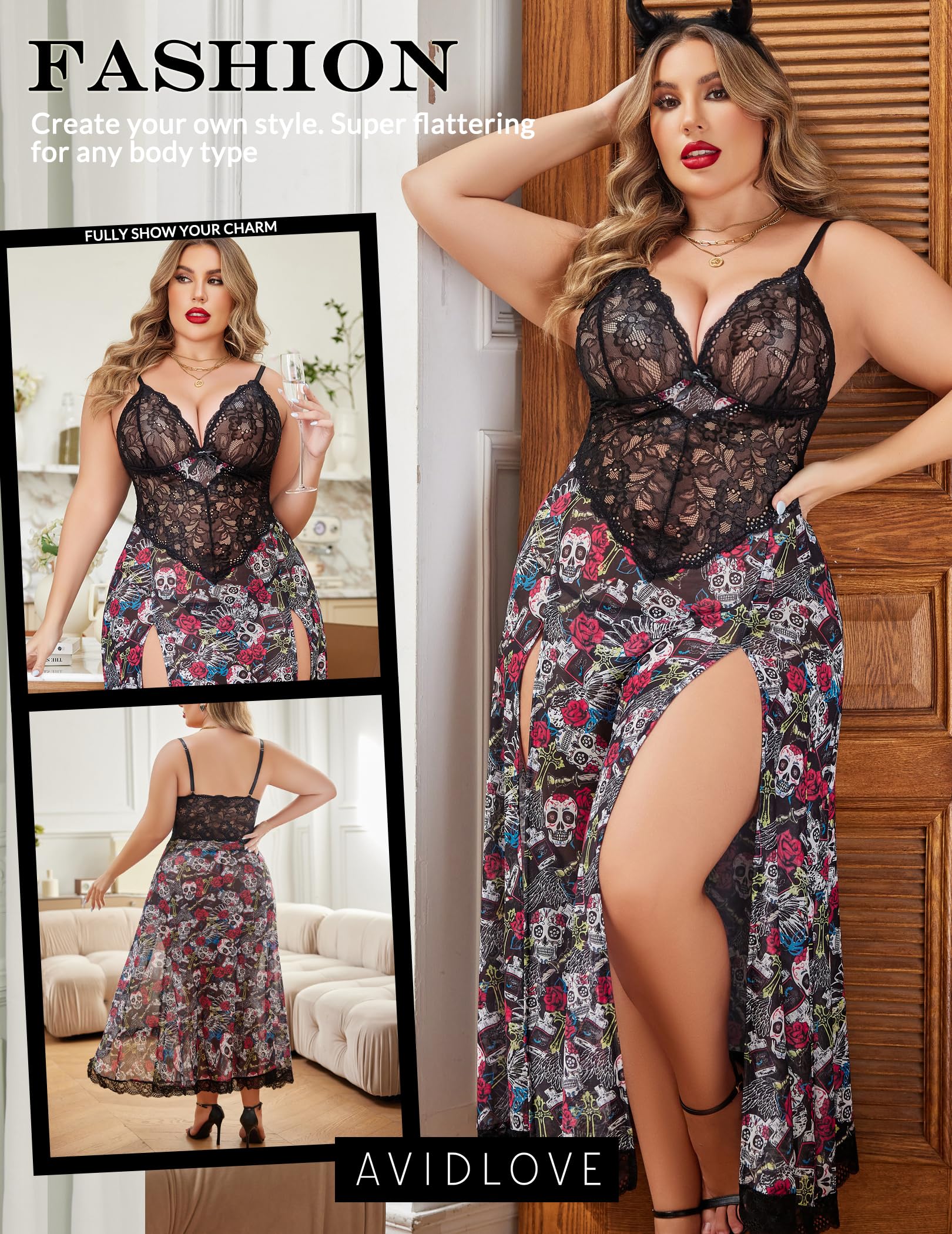 Avidlove Plus Size Lingerie for Women Sexy Lace Babydoll Long Lingerie Dress Side Split Nightgown: Ghost Face Print 3X-Large