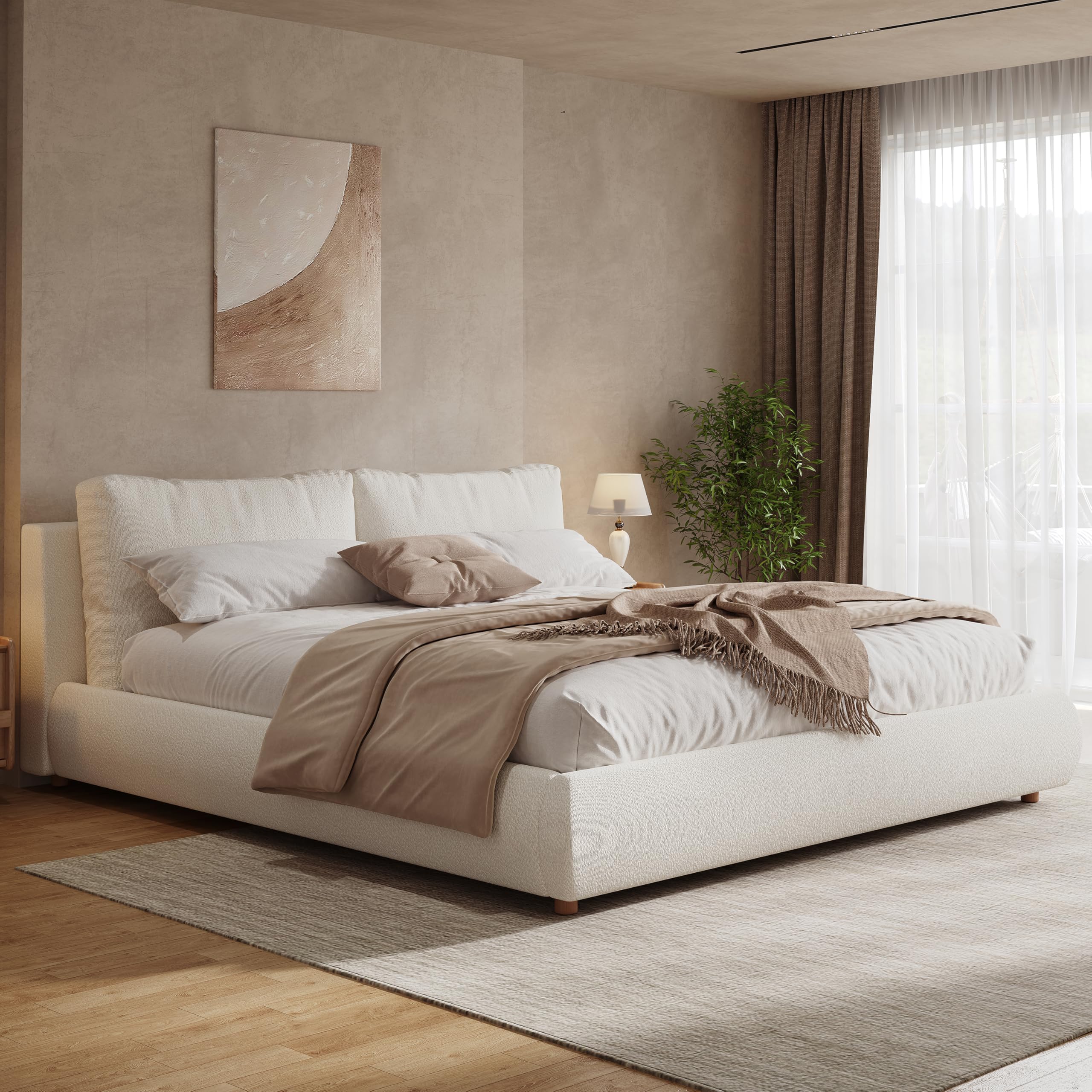 Merax King Size Boucle Fabric Upholstered Platform Bed with Two Removable Pillow Headboard, Wood Bed Frame with Solid Round Legs for Kids Teens Adults