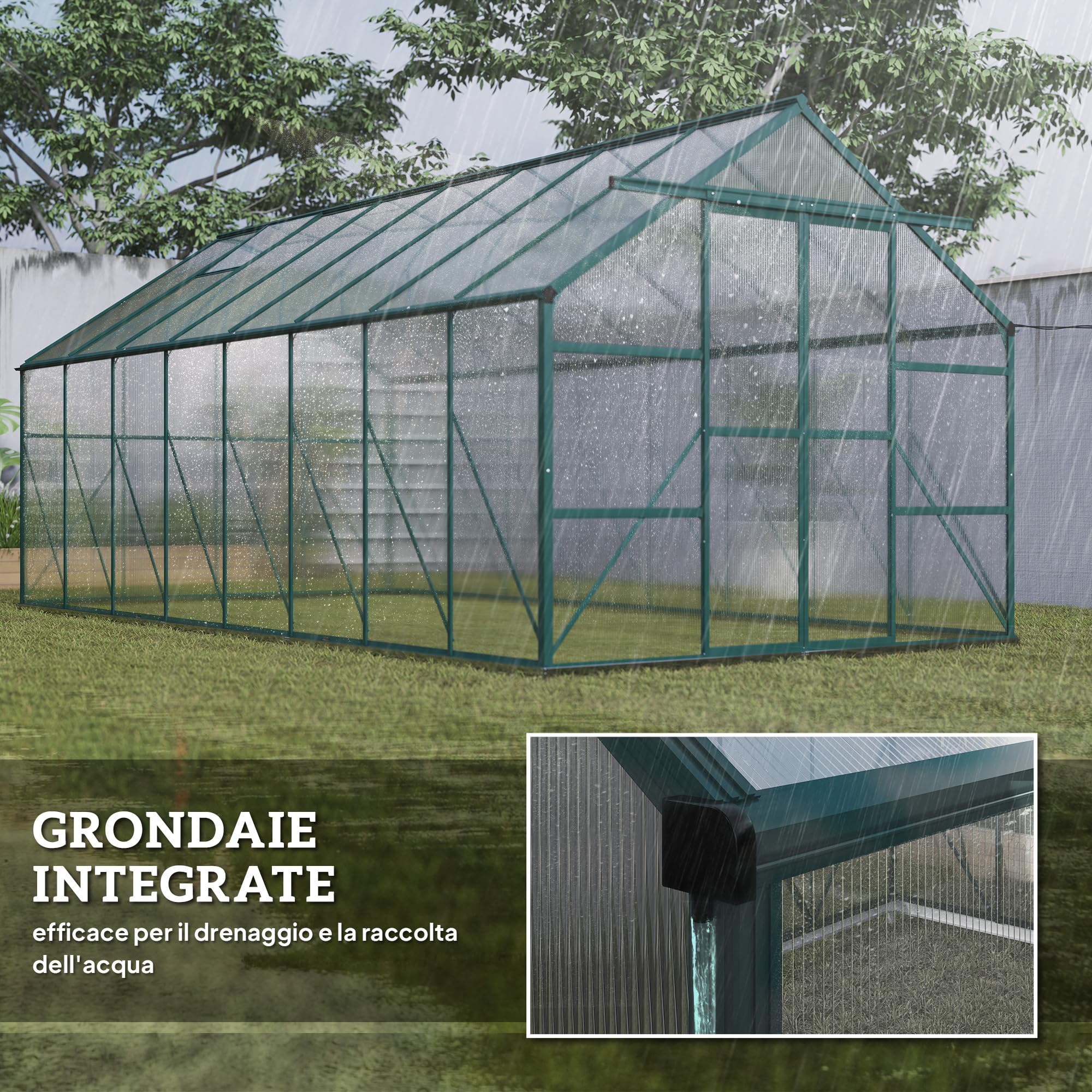 Outsunny Serra da Giardino in Policarbonato con Porta Scorrevole e Finestra Apribile, Serra per Piante in Alluminio, 244x500x216 cm, Verde