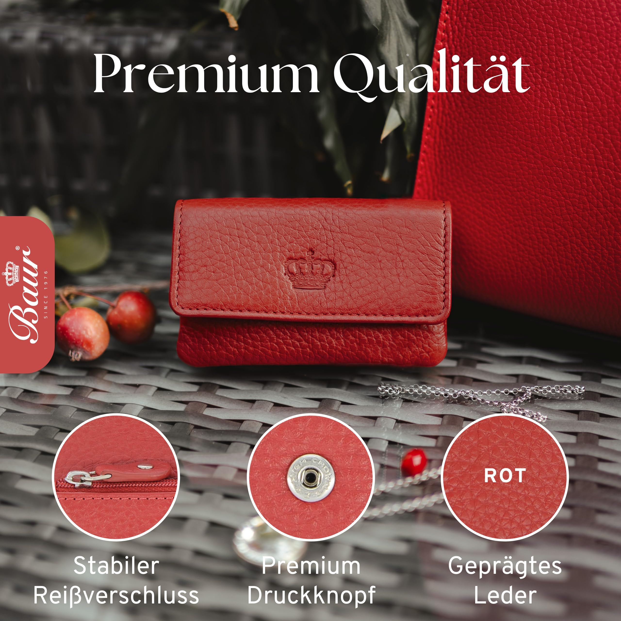 Baur Étui à clés Femme en Cuir véritable – Porte-clés avec Anneau métallique et Fermeture à Pression – Petit Porte-Monnaie zippé pour Billets, pièces et Cartes (Rouge)