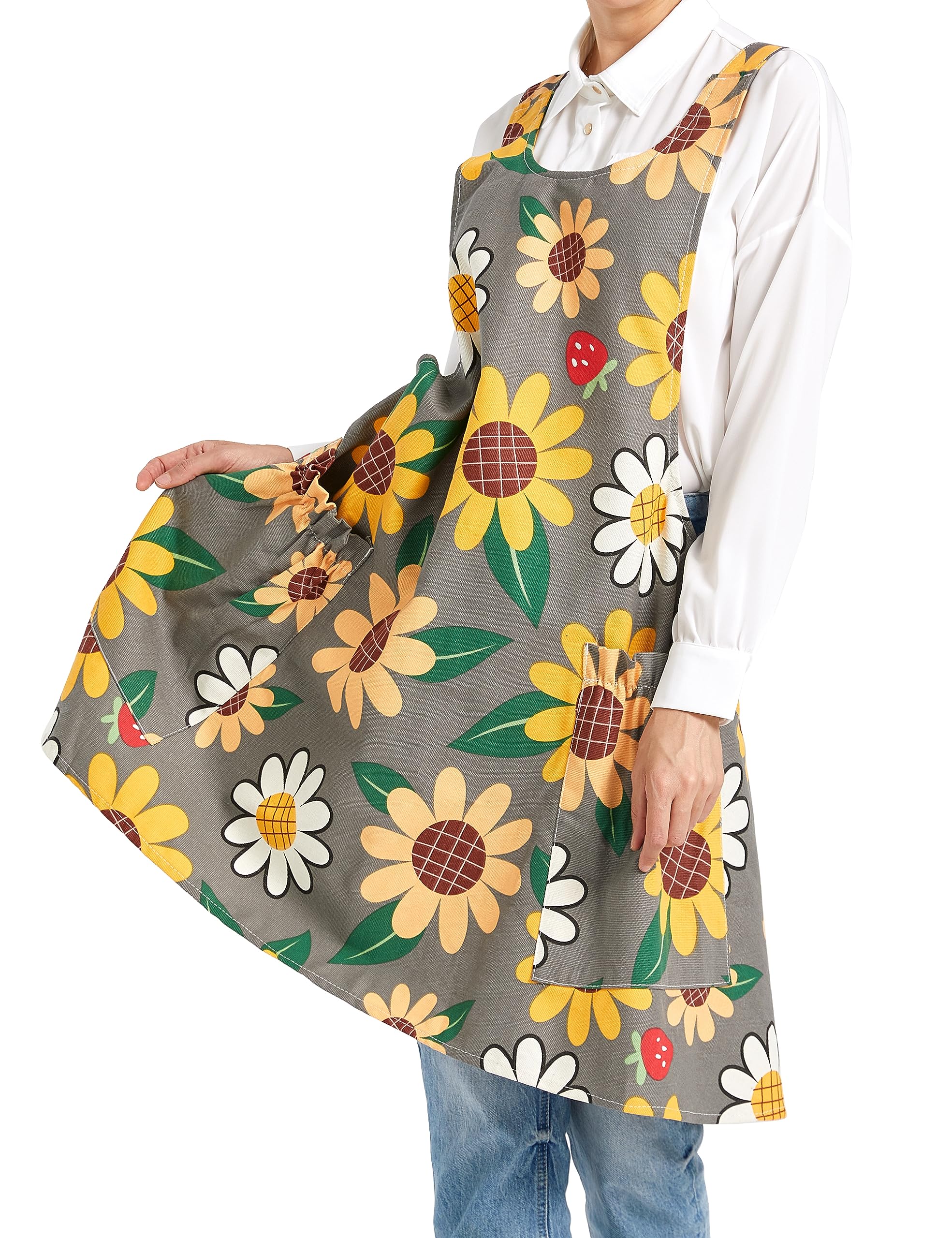 Cozy Adjustable Cross Back Aprons for Women with Pockets Cotton Linen Cooking Kitchen Baking