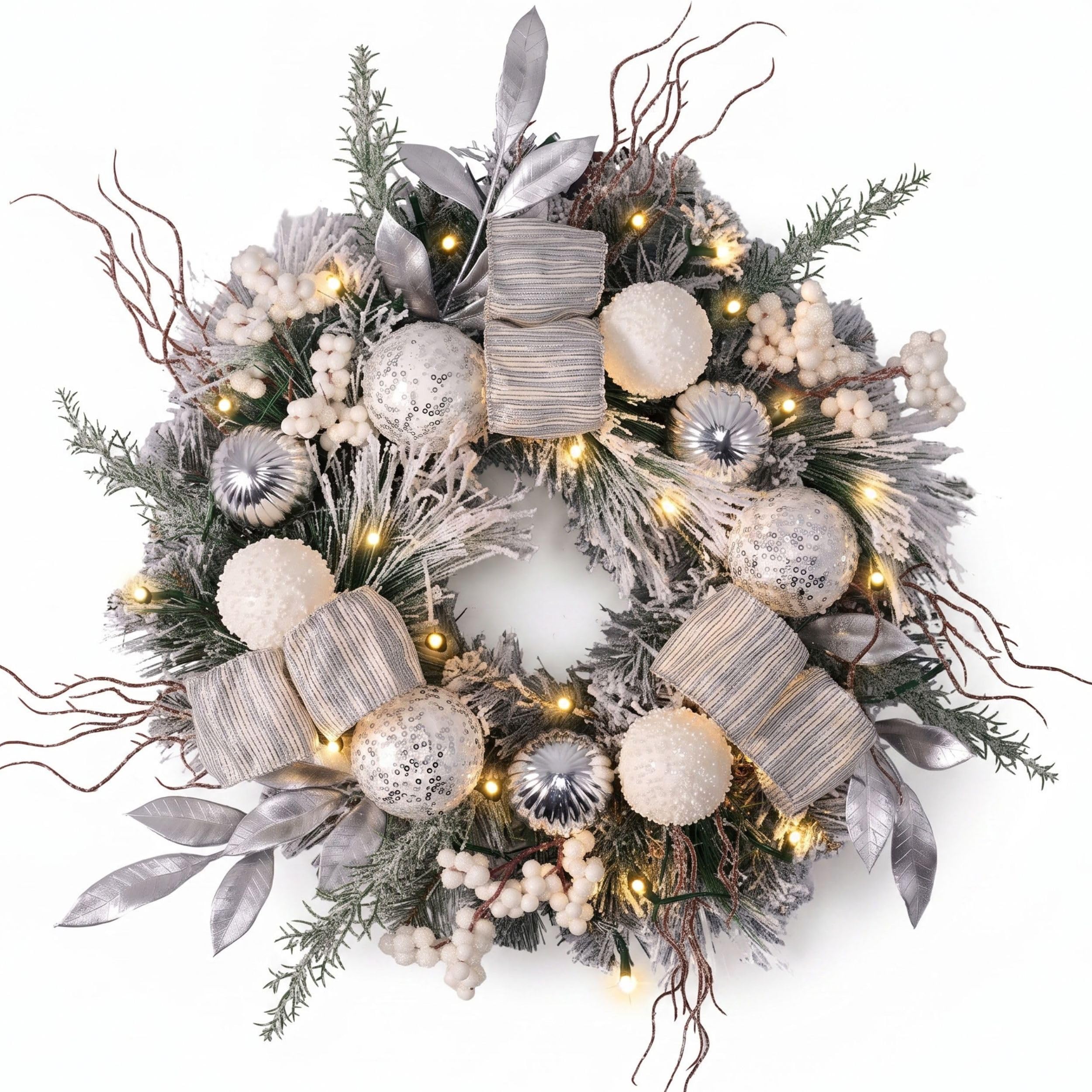 Valery Madelyn 40cm Weihnachtskranz Türkranz,Haustür Weihnachtskranz Silber Weiß,Adventskranz mit 20 Led Timer Schleife Kugeln Beeren für Weihnachtsdeko Tisch Feste Advent,Adventsgesteck