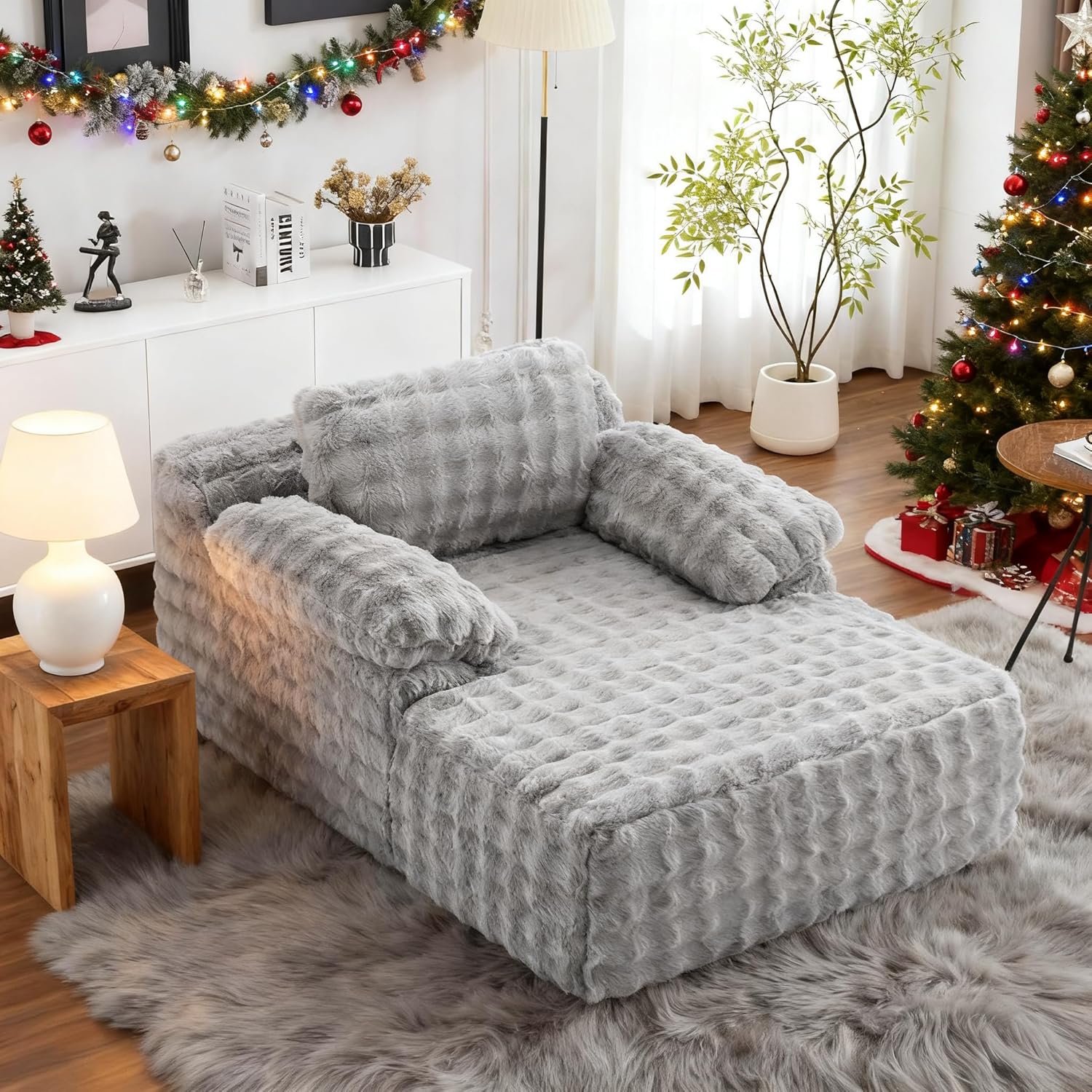 VINGLI Boneless Chaise Lounge Chair, Light Grey Oversized Reading Chair Upholstered Bubble Fleece Cloud Couch Sofa Recliner Bed Comfy Sleeper Lounge for Living Room, Movie Room, Bedroom