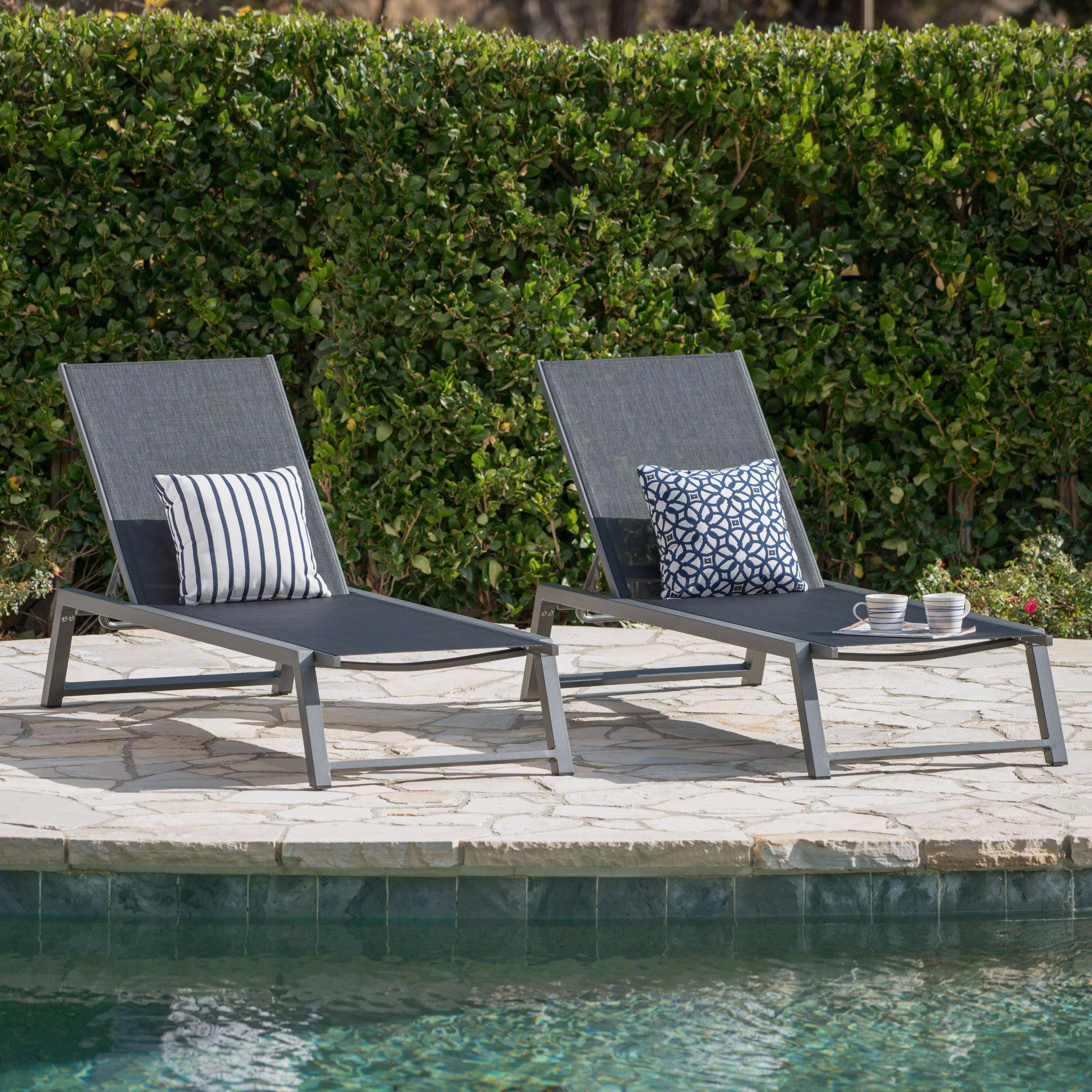 Christopher Knight Home Myers Outdoor Mesh Chaise Lounges with Aluminum Frame, 2-Pcs Set, Black Mesh / Grey