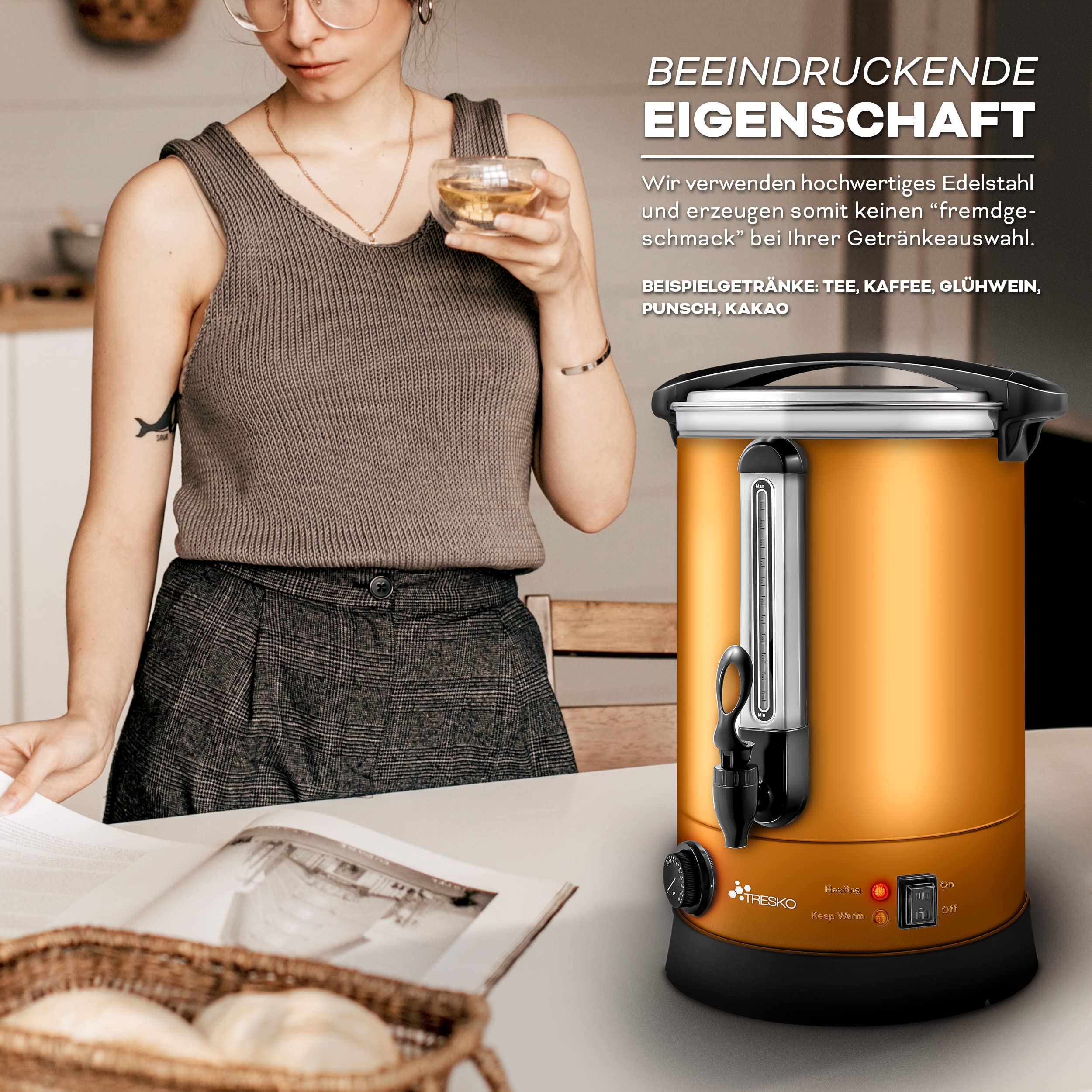 TRESKO® Bollitore per Vin Brulè 10L / 1500W Automatica da Cucina in Acciaio Inox Bollitore Vin Brulè Dispenser di Bevande Calde Distributore di Acqua Calda