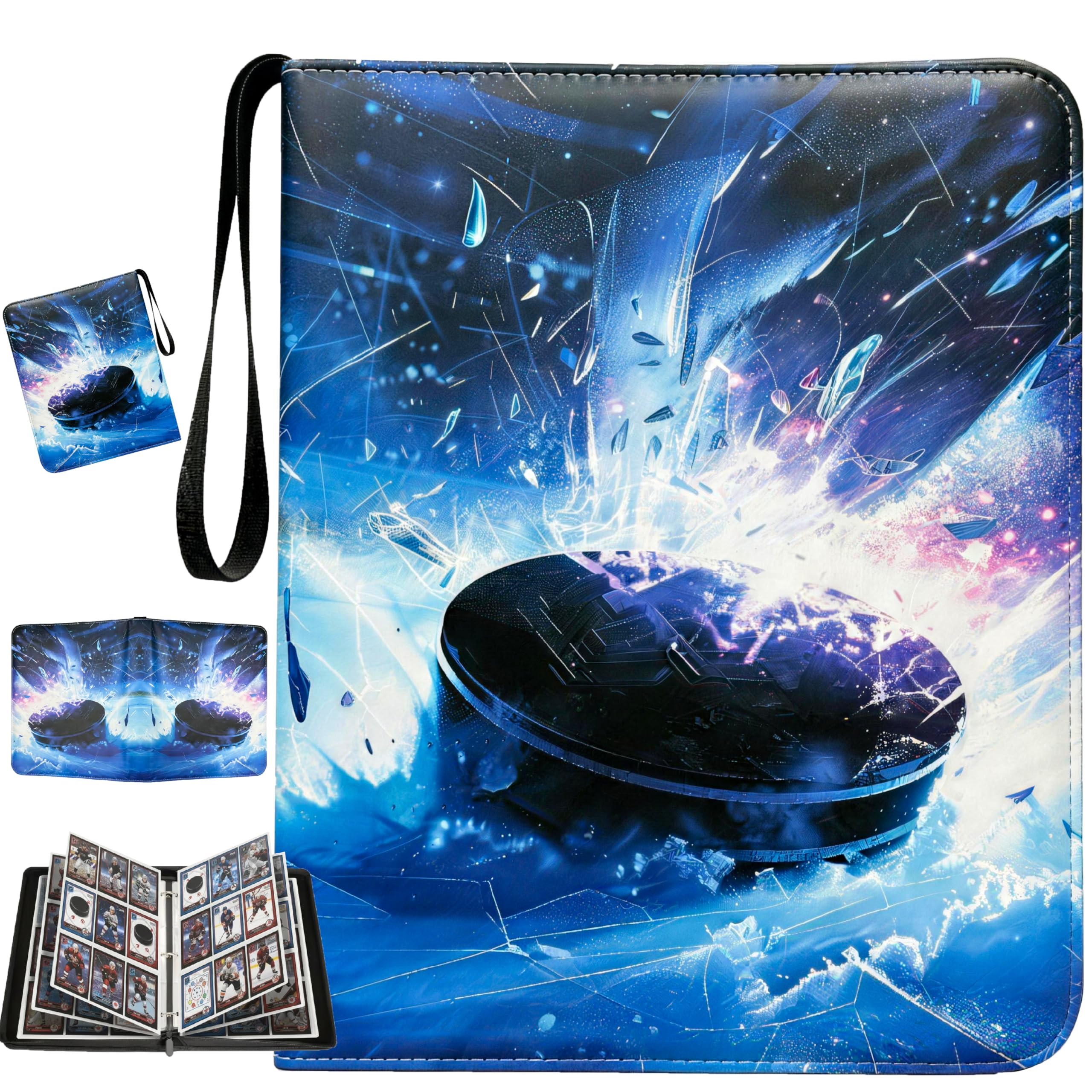 Hockey Card Binder with Sleeves, 9-Pocket Portable Card Protectors Album Holder Book with Zipper, Fits 900 Cards with 50 Removable Sleeves, Hockey Cards Display Storage Carrying Case