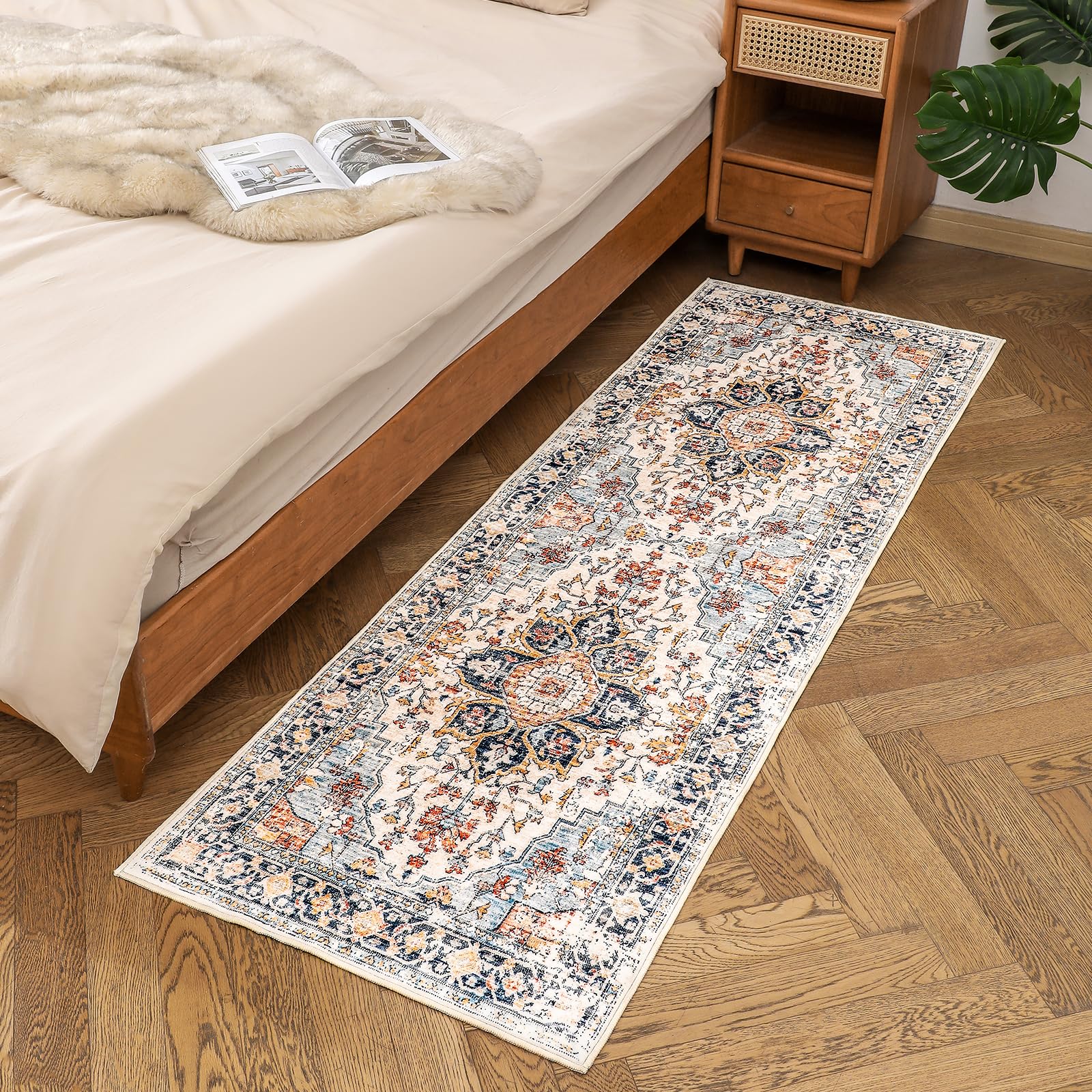 VK VK·LIVING Machine Washable Rug 2'x6' Vintage Design Washable Runner Area Rugs with Non Slip Rugs for Living Room Bedroom Traditional Woven Rug Carpet Stain Resistant Dining Office Boho Rug (Blue)