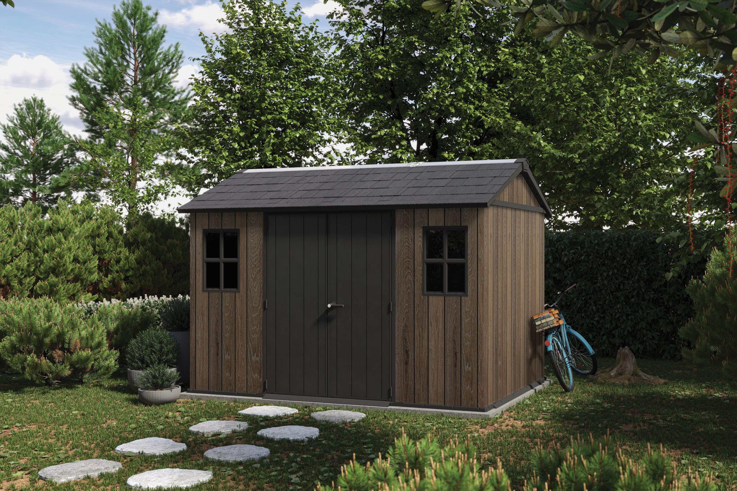 Keter Apex Gerätehaus 7,5x11, Kunststoff Geräteschuppen mit Oberlicht und Belüftung, abschließbar, wetterfest, Walnuss Holzoptik