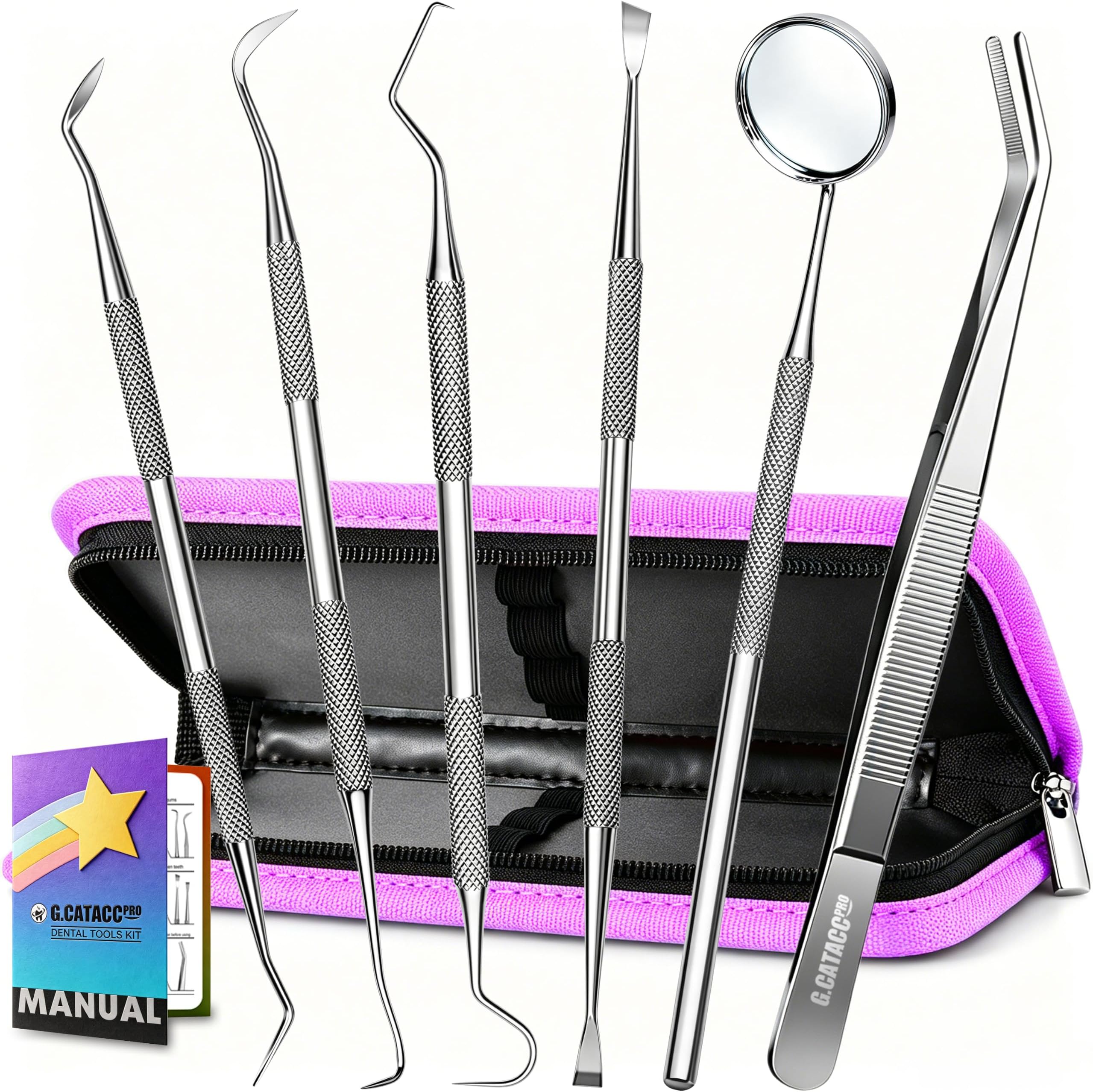 G.CATACC Dental Tools, Dental Pick Teeth Cleaning Tools Hygiene Kit, Plaque Remover for Teeth, Professional Stainless Steel Tooth Scraper Plaque Tartar Cleaner - with Case