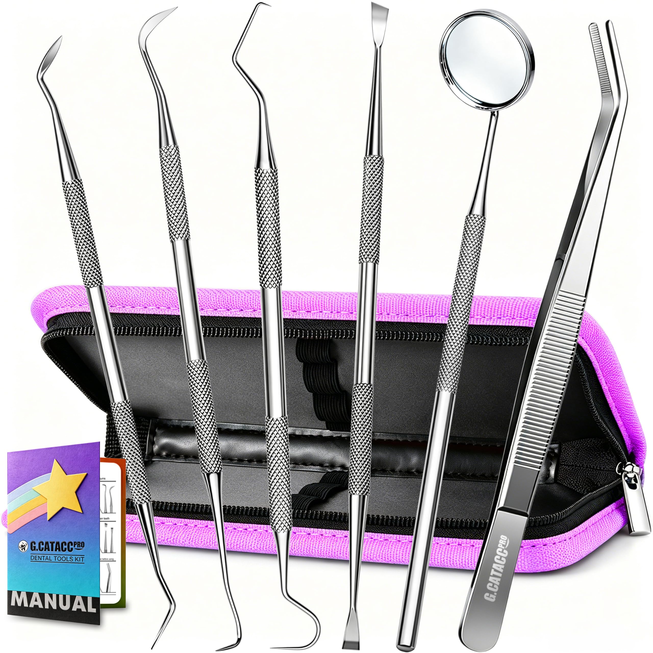G.CATACC Dental Pick Tools, Plaque Tartar Remover Teeth Cleaning Kit | Deep Cleaning, 6-in-1 Hygiene Kit, Comfort Grip, Stainless Steel, Dishwasher Safe, Easy for Home Use & Pet, Organized Case 6 Pack Dental Tools With Case - Fuchsia Rose