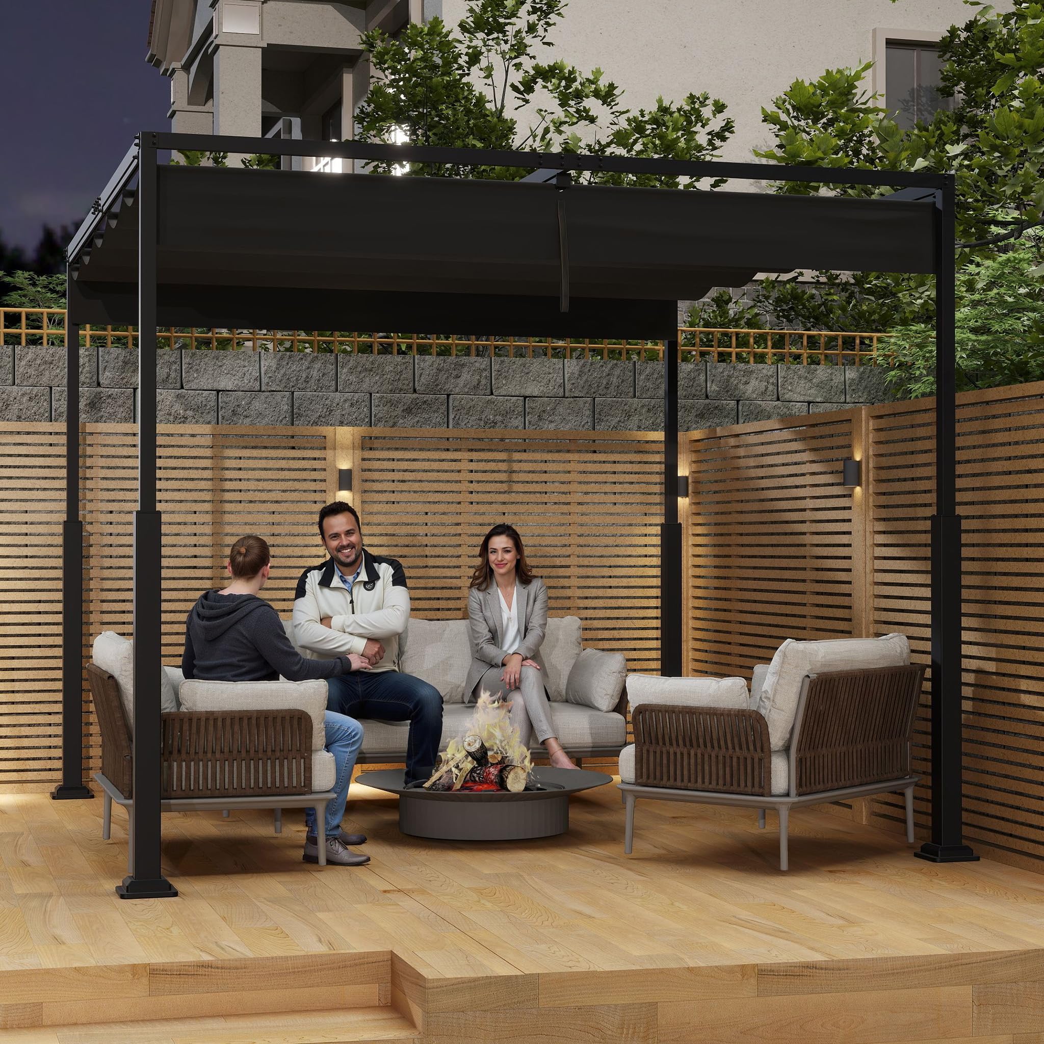 SUBTLETY Pergola 3x3 m Terrassenüberdachung, Gartenpavillon mit einziehbarem Schiebedach, Wasserdicht Stabil Metallrahmen Sonnenschutz Pavillon für Garten Terrasse Balkon (Schwarz)