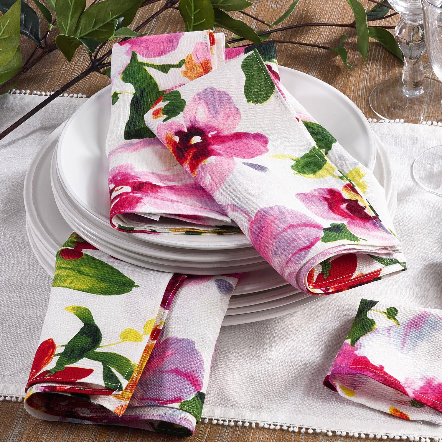 Multi Color Printed Spring Flower Design Cloth Dinner Napkins (Set of 4), 20" Square