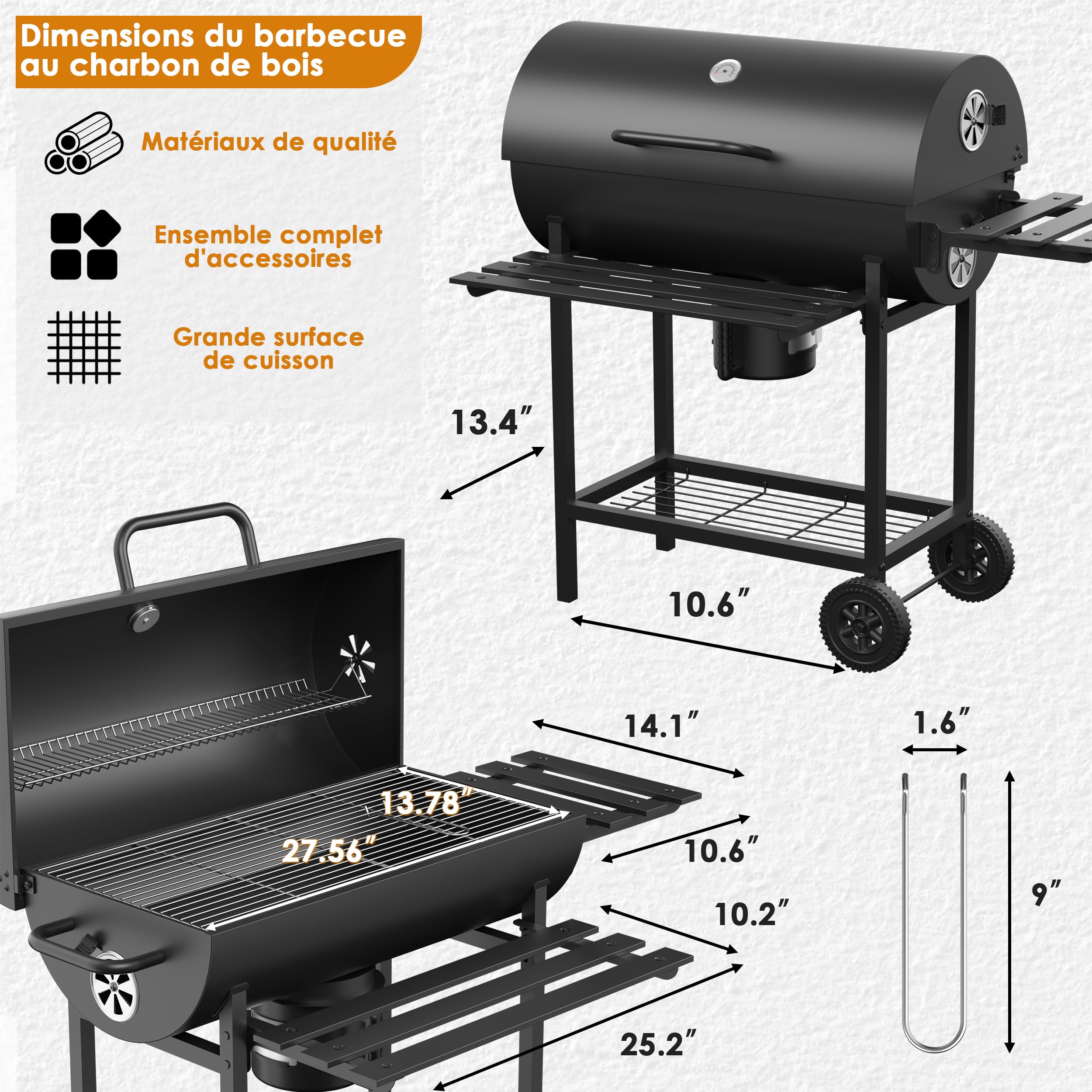 TEENO Barbecue à Charbon de Bois, Grille XXL Double Couche, Thermomètre, Tiroir à Cendres, Évents Réglables, Roulettes, Tablettes Latérales, Gants et Pince, Barbecue Extérieur Jardin Balcon Famille