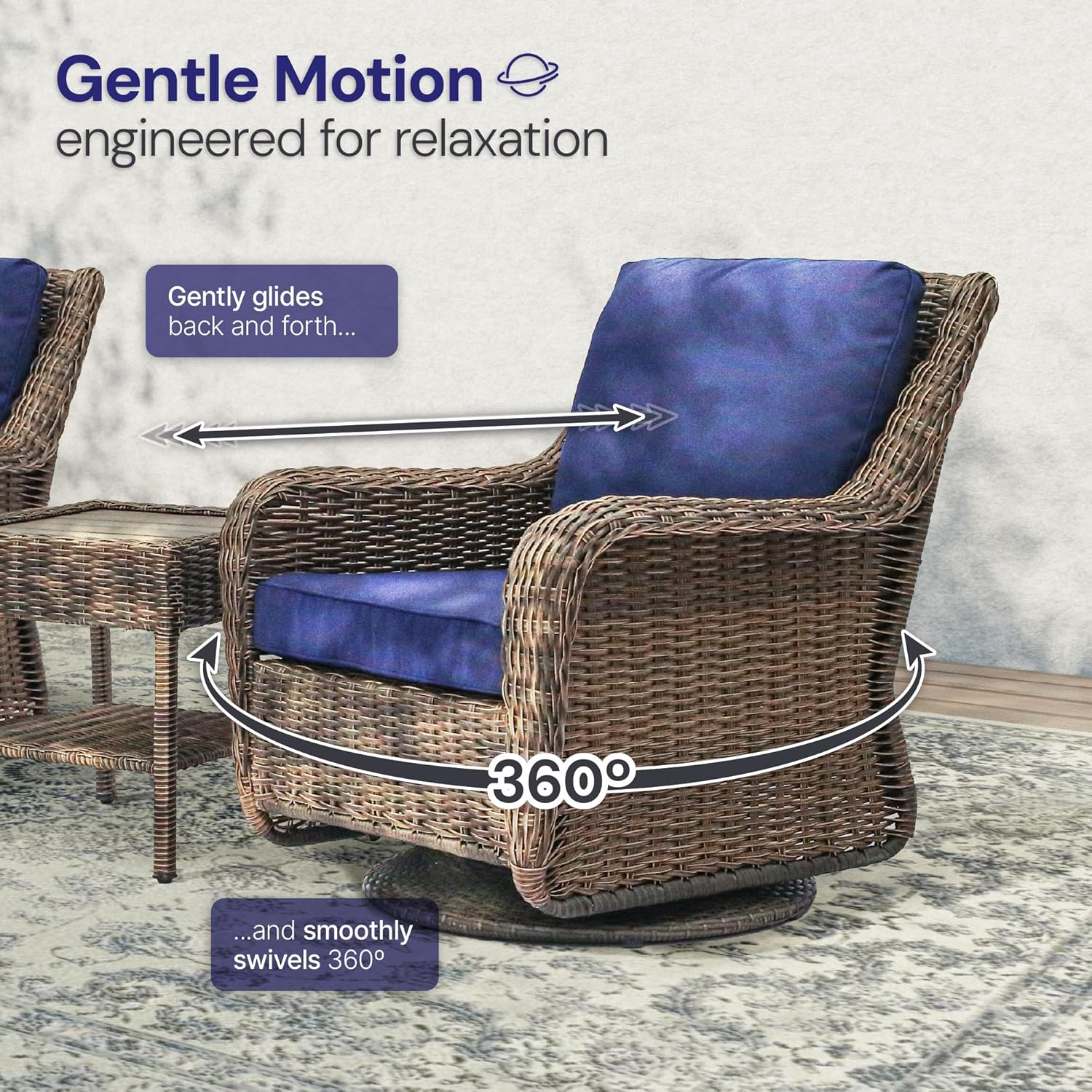 Cambridge 3-Piece Outdoor Wicker Patio Bistro Set 360° Swivel Rocker Chairs and Side Table All-Weather HDPE Rattan Conversation Set with Cushions for Garden Porch Backyard (Midnight Navy Blue)