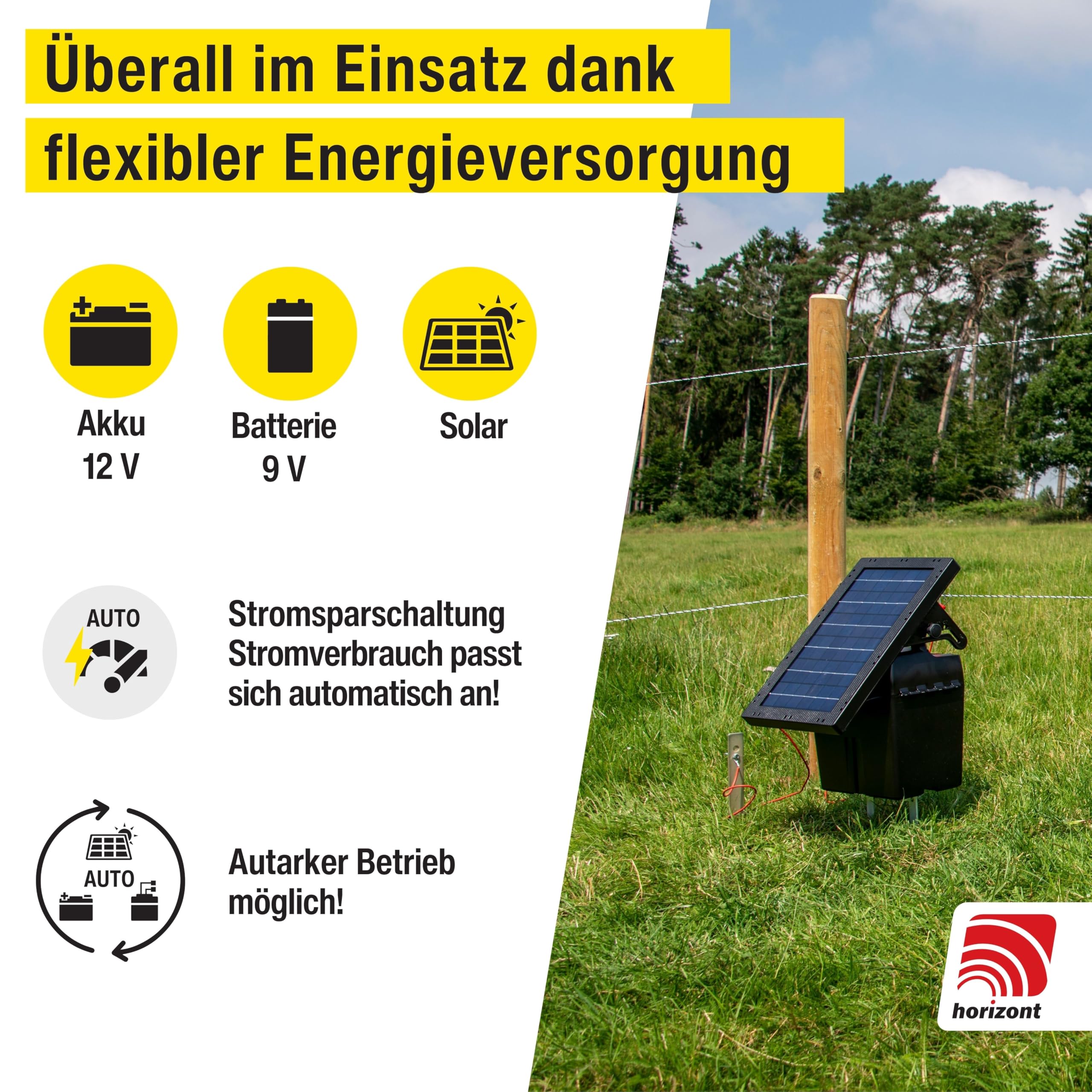 horizont shockstar S70 Solar-Weidezaungerät 12 V bis 12km, inkl 12 Ah Akku | 10W Solarpanel, 11.500 V maximale Spannung, mit 3 stufiger LED-Anzeige, Elektrozaungerät für Weidezaun