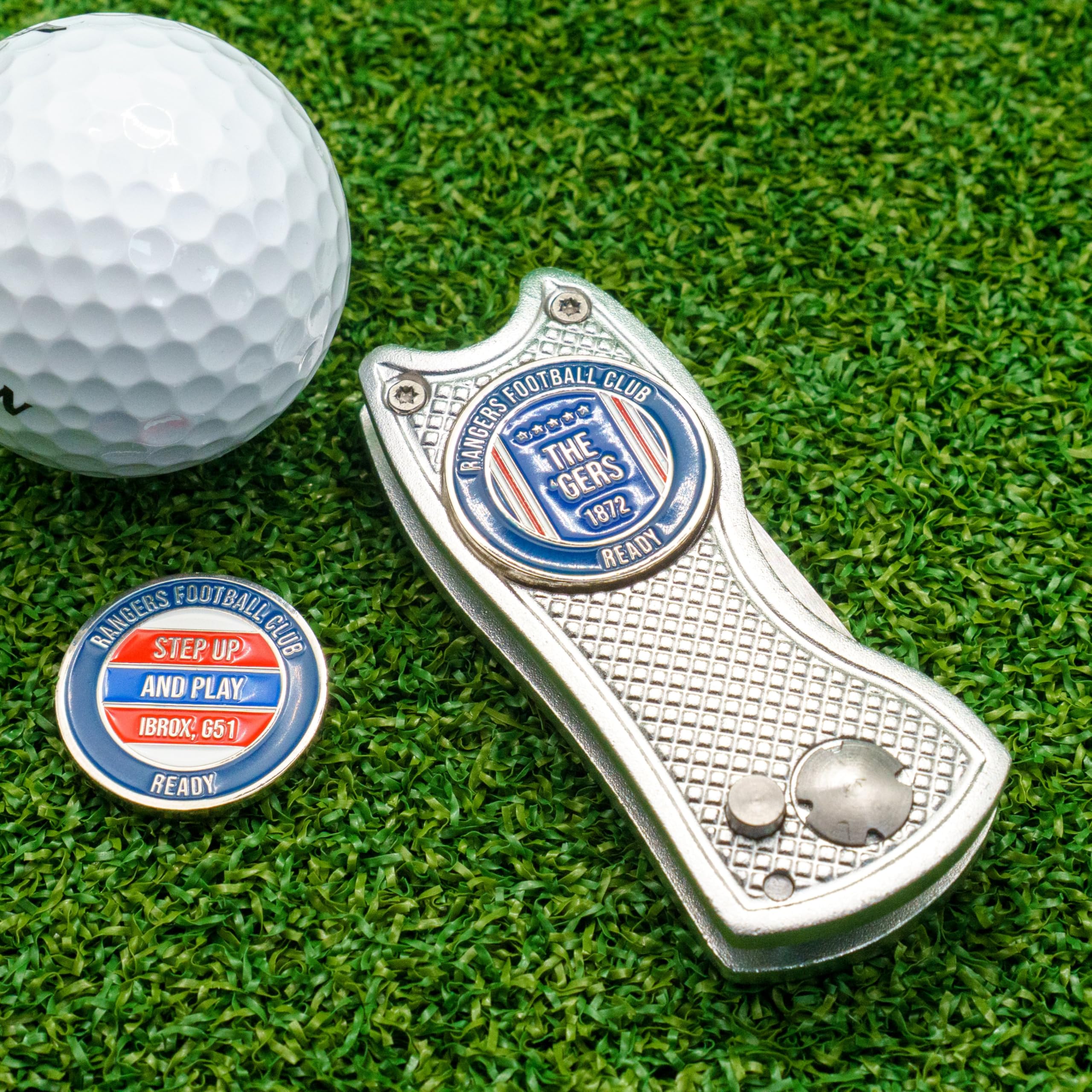 Rangers Ball Marker with Golf Divot Repair Tool - Gift Combo. Pitch Mark Tool has Pop-up Button & Foldable Tines to Protect Pockets. Lightweight, Portable. (silver) — image 1