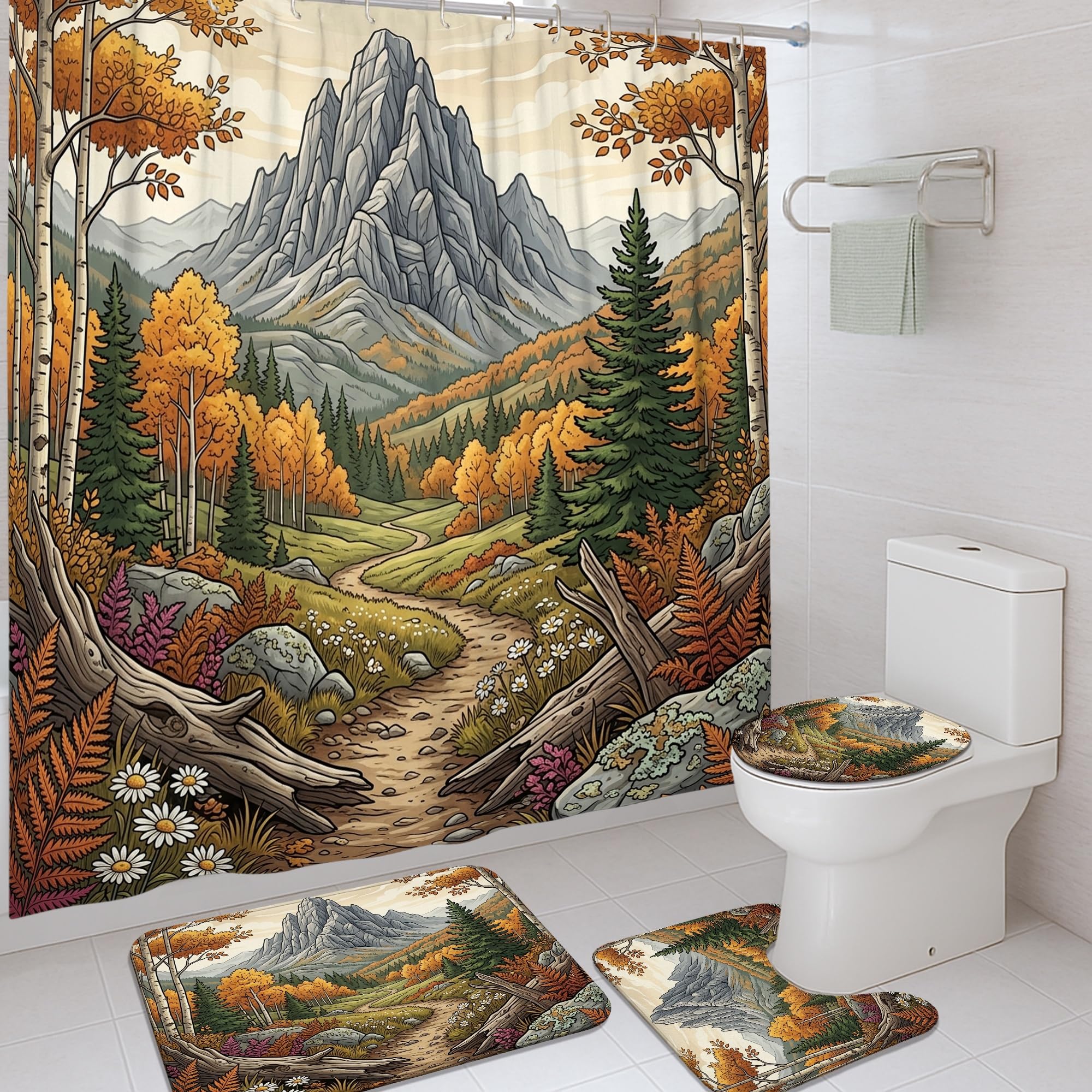 Rideau de douche montagne rustique pour une ambiance de chalet automnal dans votre salle de bain