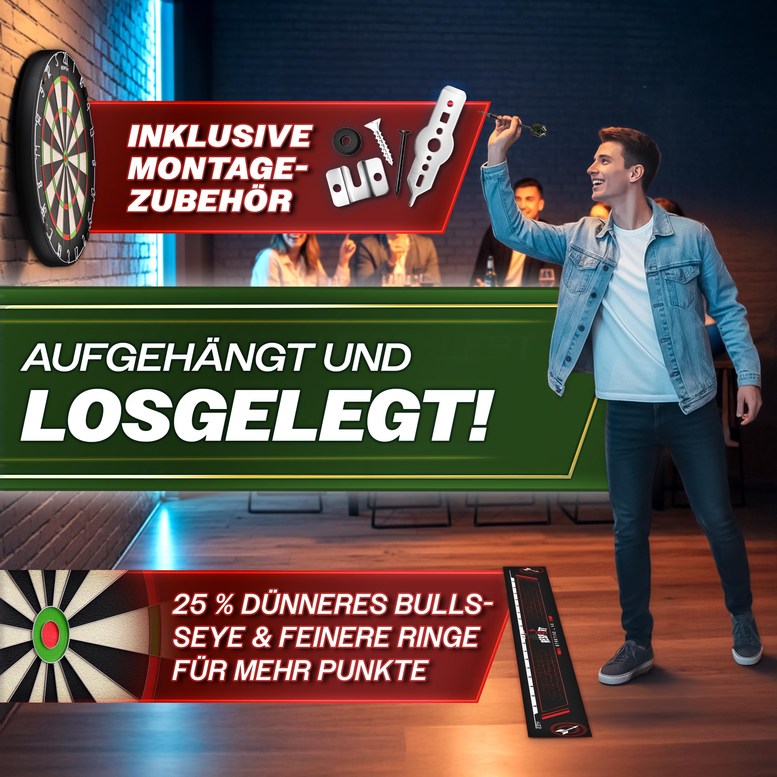 RE:SPORT® Sisal Premium Dartscheibe XXL Set mit 9 Profi Dartpfeile + 24 Pro Flights + Zubehör | Steeldart Dartboard mit Montageset | Steeldartscheibe mit Pfeilen Startlinie
