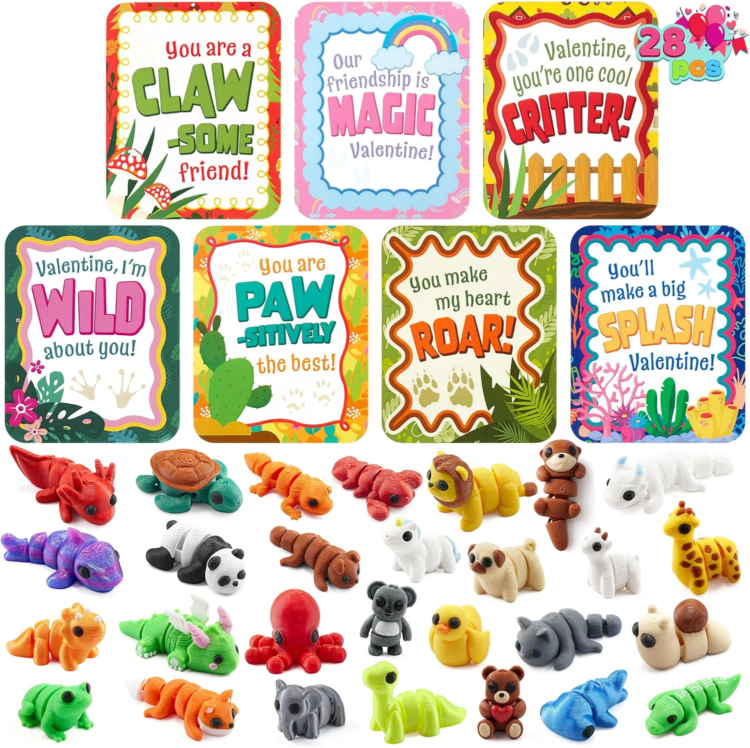 JOYIN 28 Pcs 3D Printed Mini Animals with Valentine Greeting Cards, Animals Articulated Flexible Fidget Toys for Kids, Classroom Gift Exchange Prizes, Cute Desk Pets Decor, Party Favors