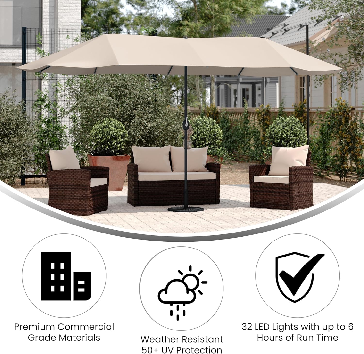 EMMA + OLIVER Ewing 15 FT Weather and Water-Resistant Triple Head Patio Umbrella with Crank Handle and Easy Tilt