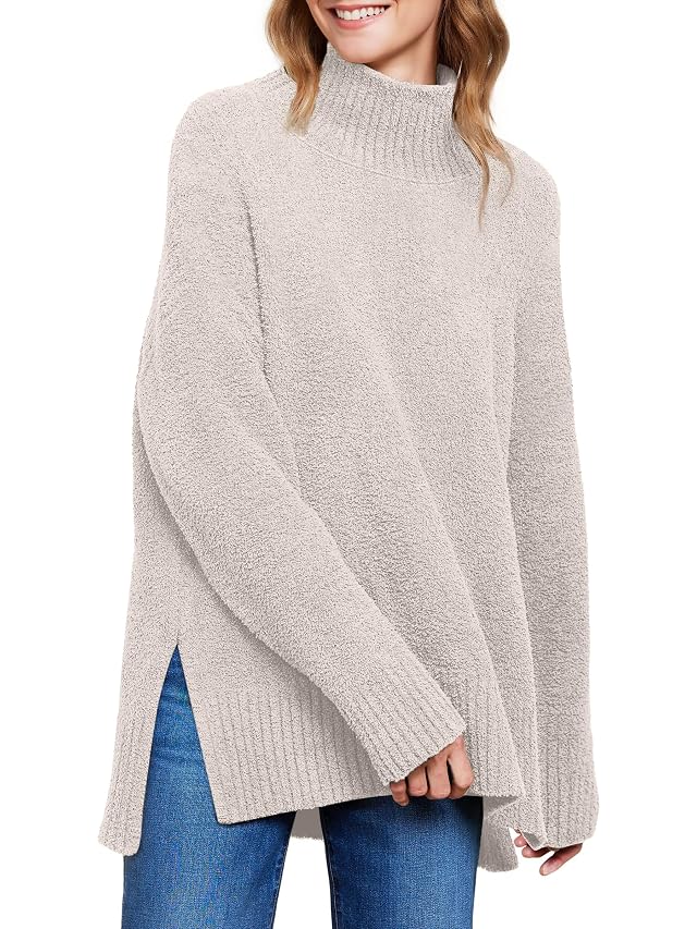 ANRABESS Women Oversized Turtleneck Long Sleeve Fuzzy Knit Slit Side Chunky Warm Pullover Sweaters 2025
