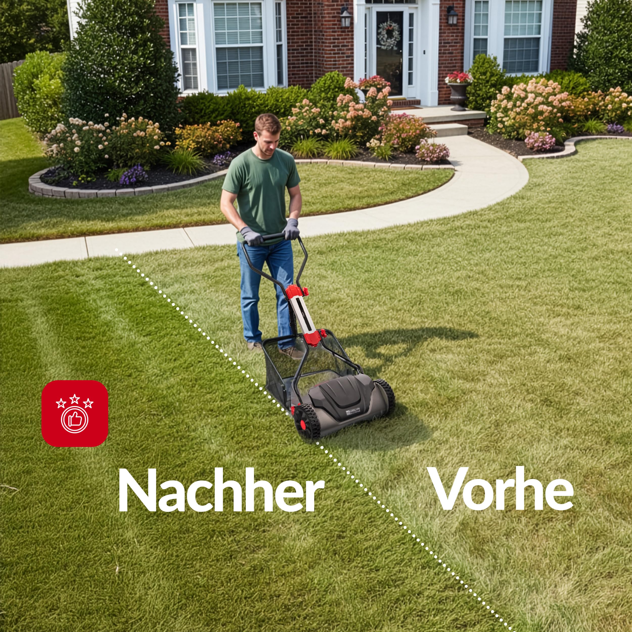 LEHMANN Spindelmäher 40 cm mit Fangkorb 30 L – Handrasenmäher ohne Strom, mechanischer Rasenmäher manuell mit 5 Messern, 6-Fach Schnitthöhenverstellung 15–42 mm, klappbarer Griff