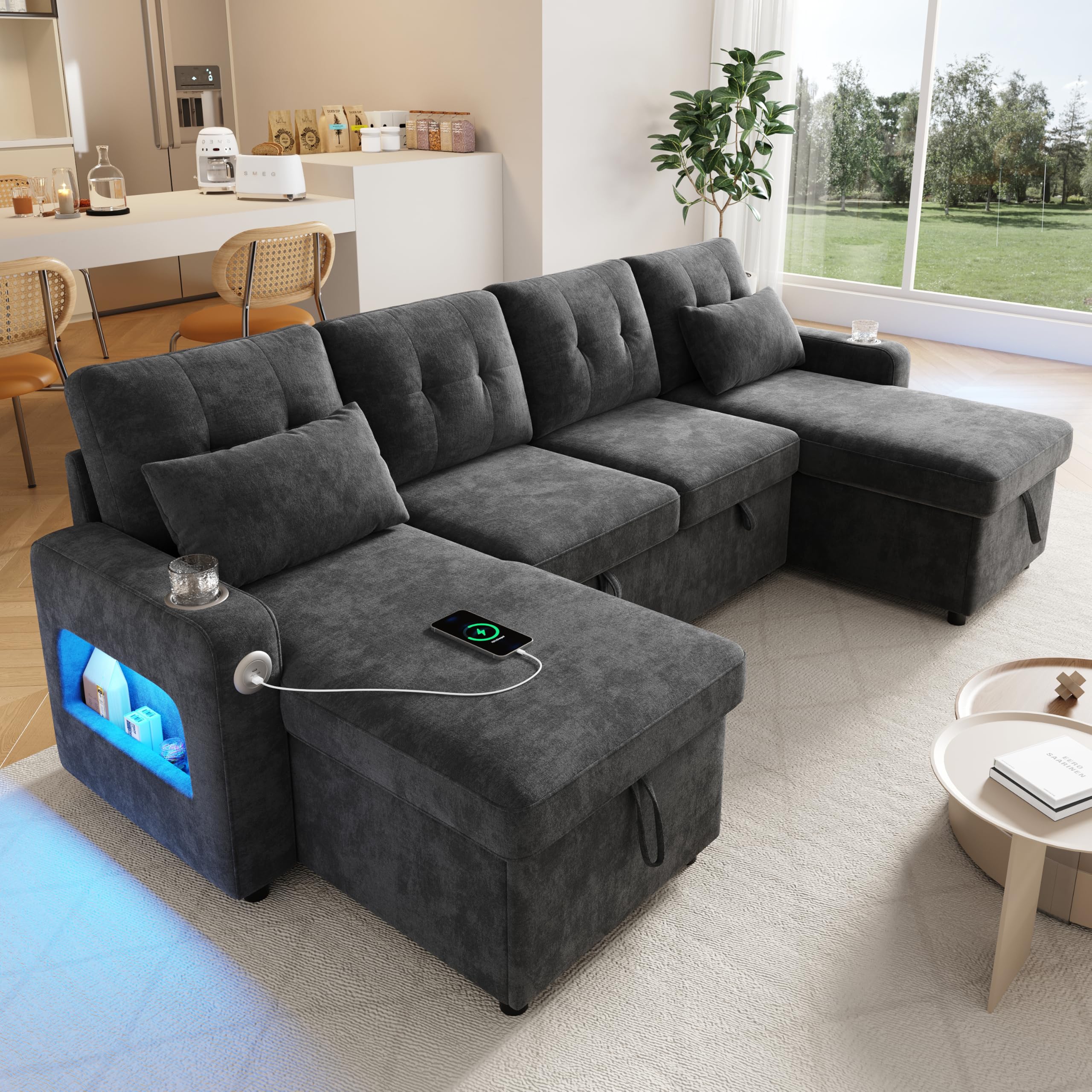 Sapgaks Canapé d'angle Convertible Moderne en U avec LED,Port de Chargement USB,Porte-gobelet,Poches latérales,Espace de Rangement,canapé lit,canapé Convertible 4 Places,Chenille (B-Gris)