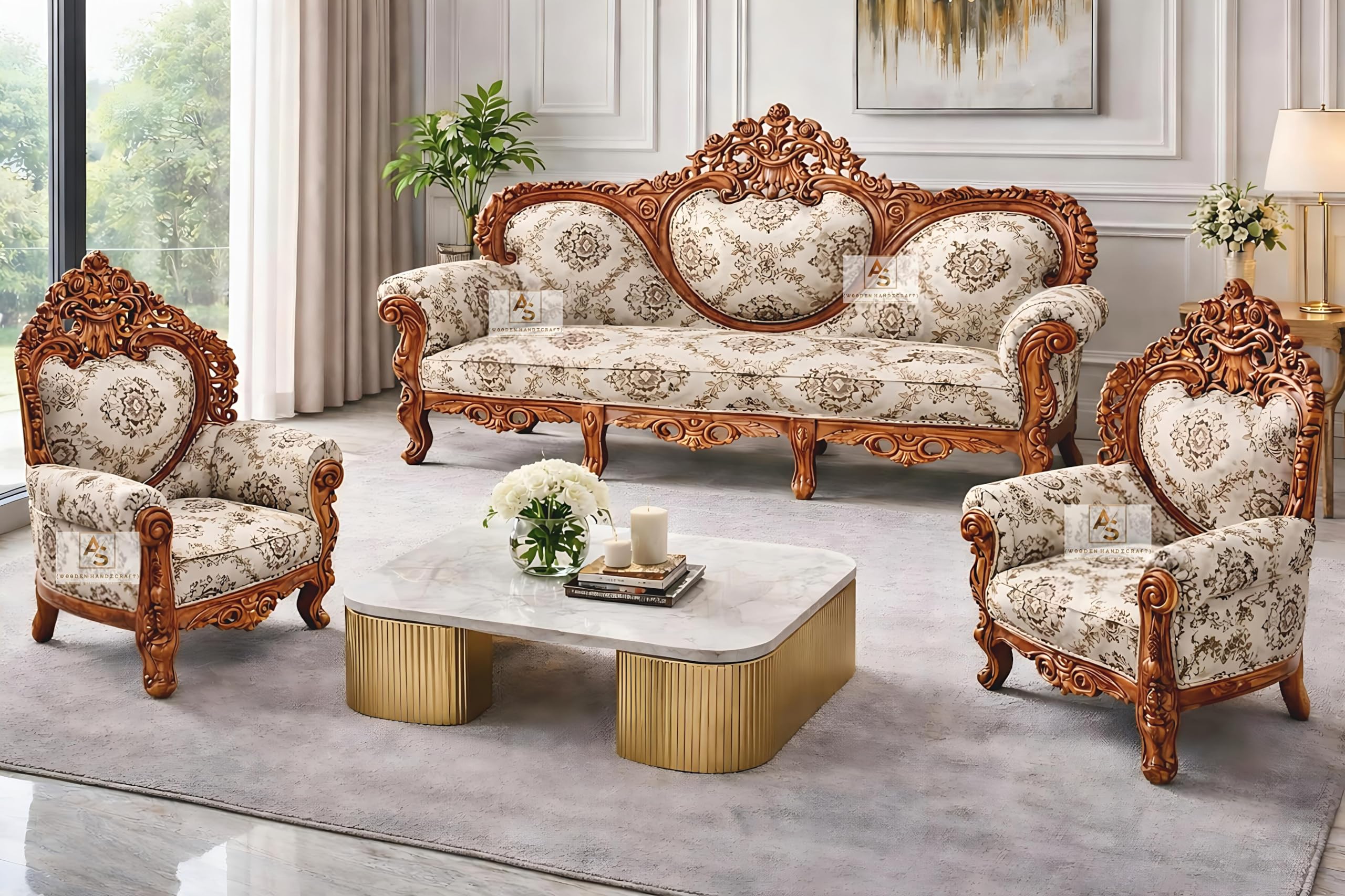 Royal Carved Wooden Sofa Set | 3+1+1 Seater | Antique with Floral Tufted Upholstery with Luxury Maharaja Carving | Victorian Style Furniture Tufted Sofa Set Love Seat Teak Finish-picture-10