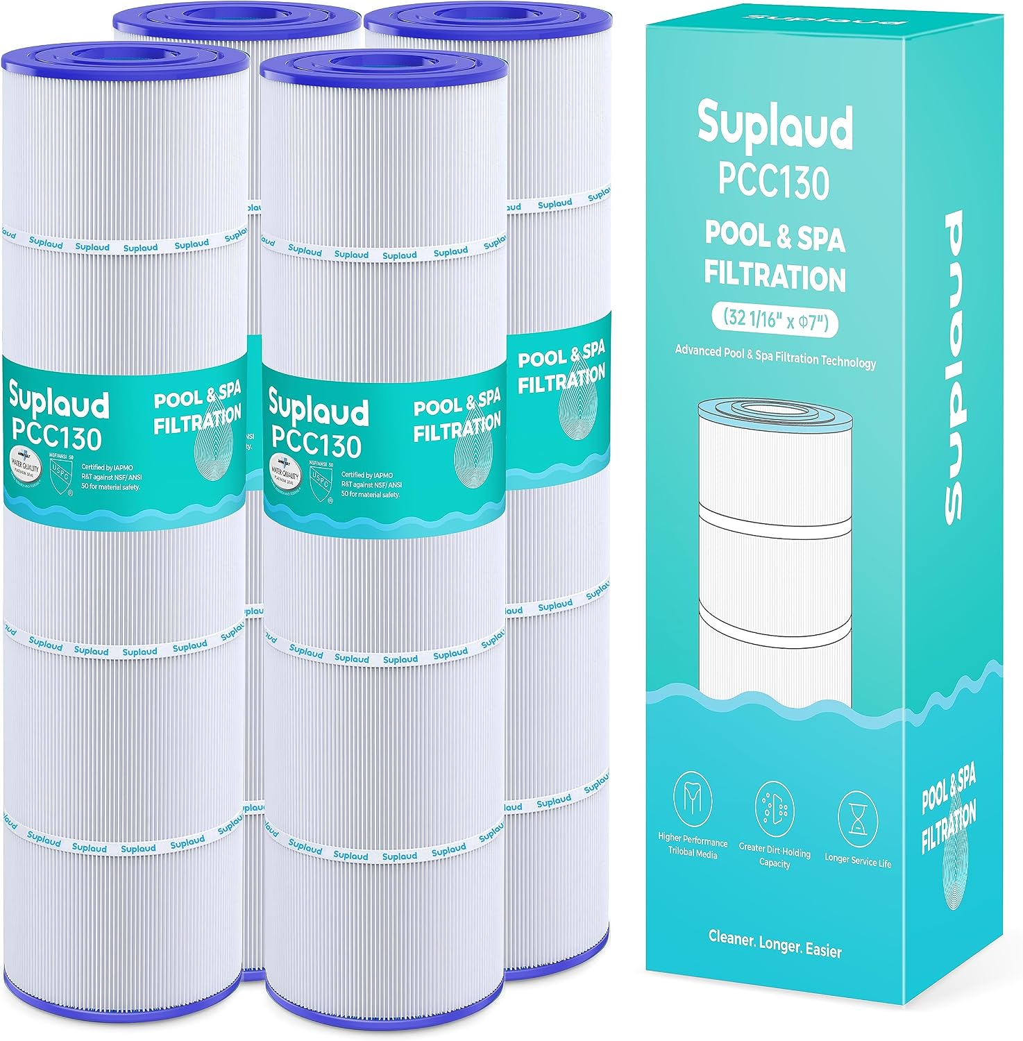 PCC130-PAK4 Pool Filter Cartridge 4-Pack – Replaces Unicel C-7472, Filbur FC-1978, Pentair CCP520