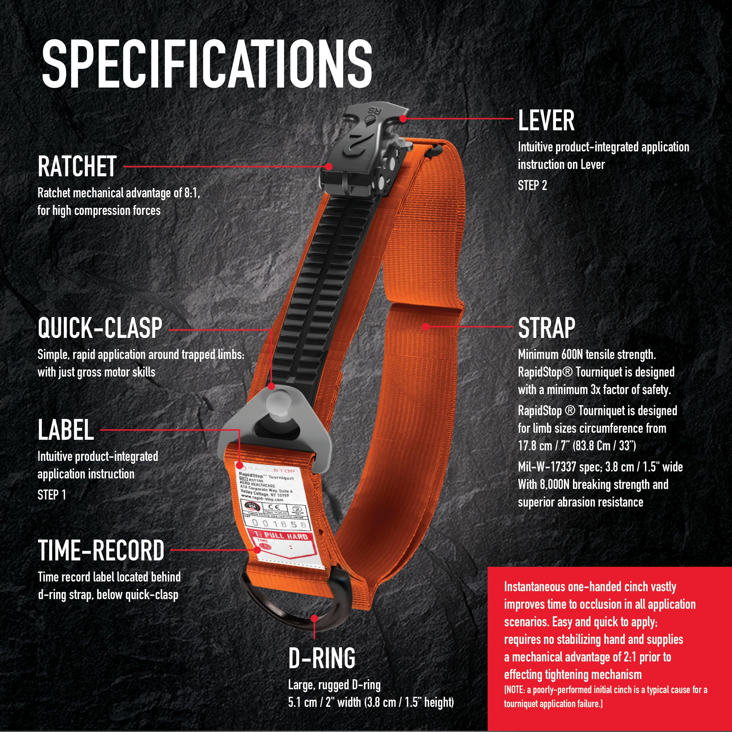 Aero Healthcare RST101 RAPIDSTOP - Laccio emostatico arancione per emergenze all'aperto, pronto soccorso tattico salvavita, controllo delle emorragie, funzionamento con una sola mano della benda