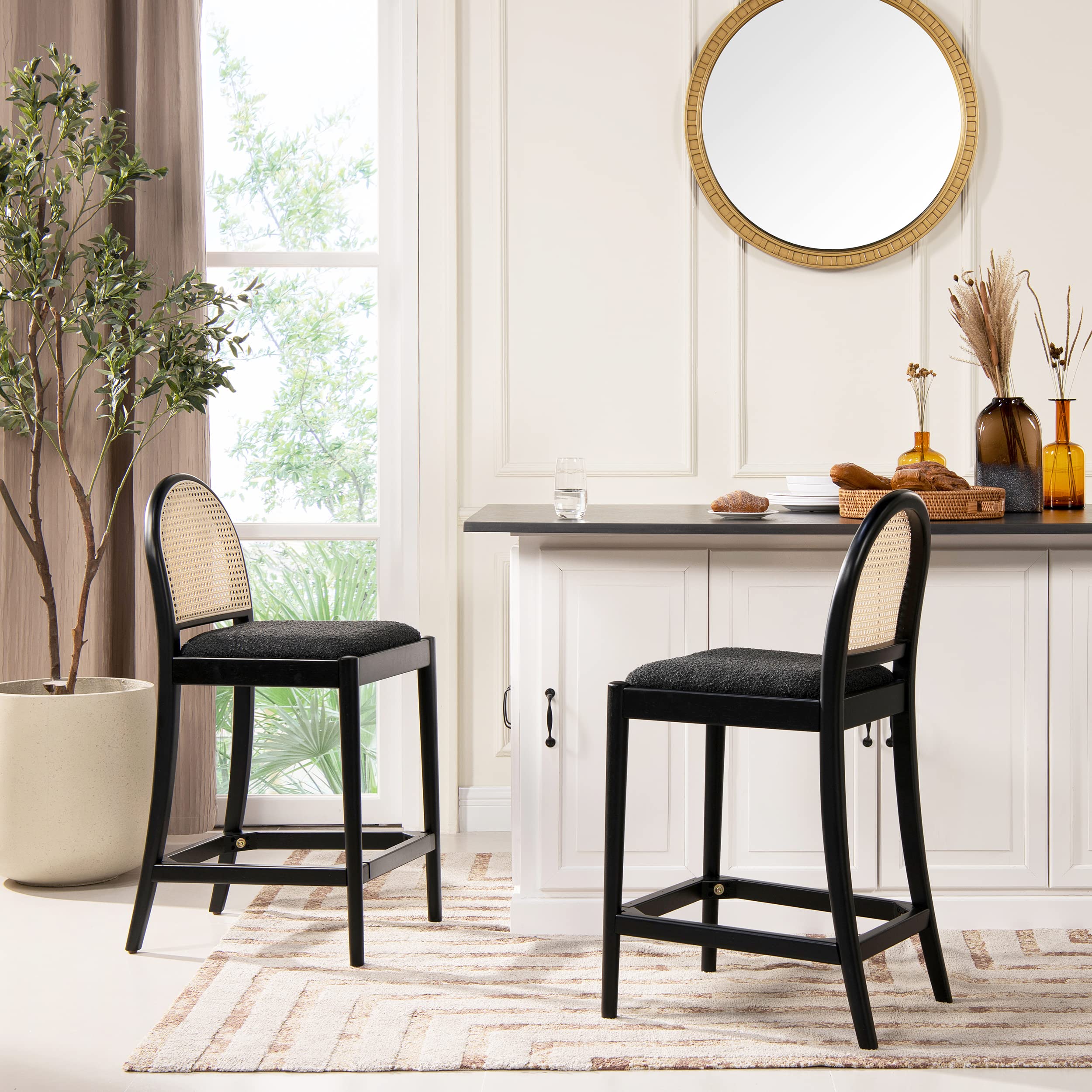 Jennifer Taylor Home Ocean 26.5" Curved Back Cane Rattan Counter Stool, Set of 2, Ebony Black Boucle