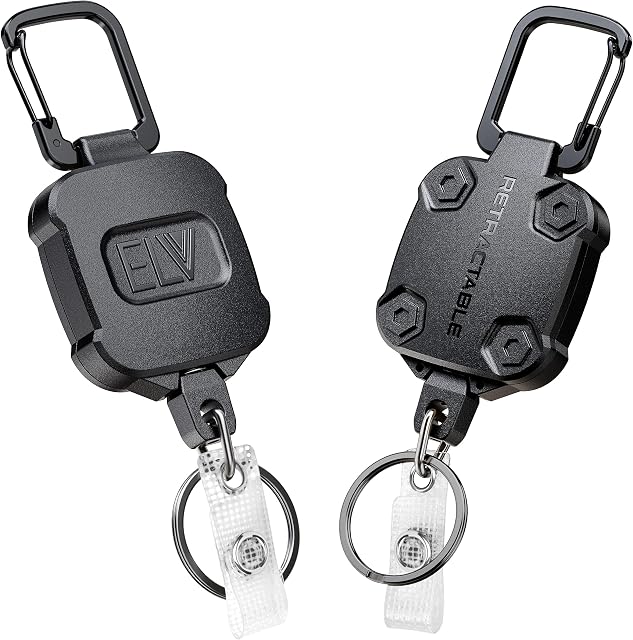 ELV Self Retractable ID Badge Holder Key Reel, Heavy Duty, 32 Inches Cord, Carabiner Key Chain Keychain, Hold Up to 15 Keys and Tools (2 Pack)