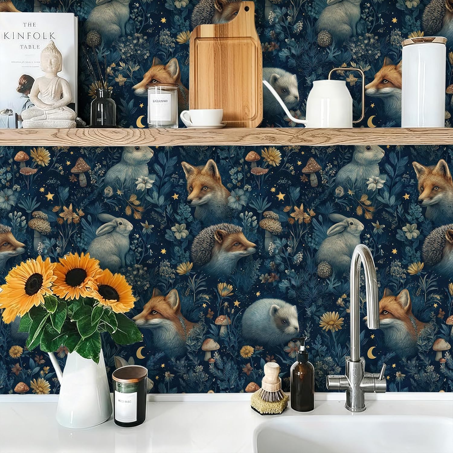 Night Animal Wallpaper Star Moon Tone Peel and Stick Removable 17.7" x 118.11" Floral & Mushroom Detail Wall Paper Self Adhesive for Classroom Bedroom Laundry Room Bathroom